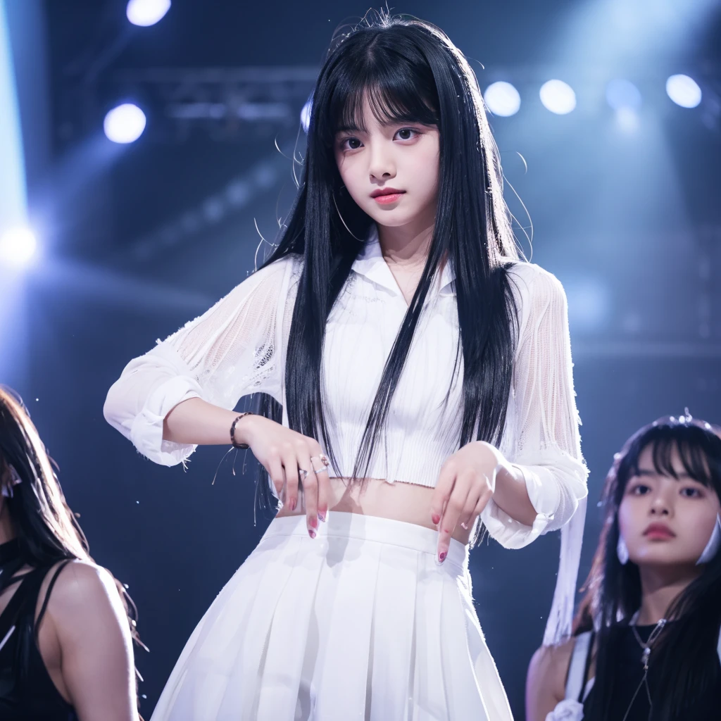 A black-haired girl with white strands performs on stage