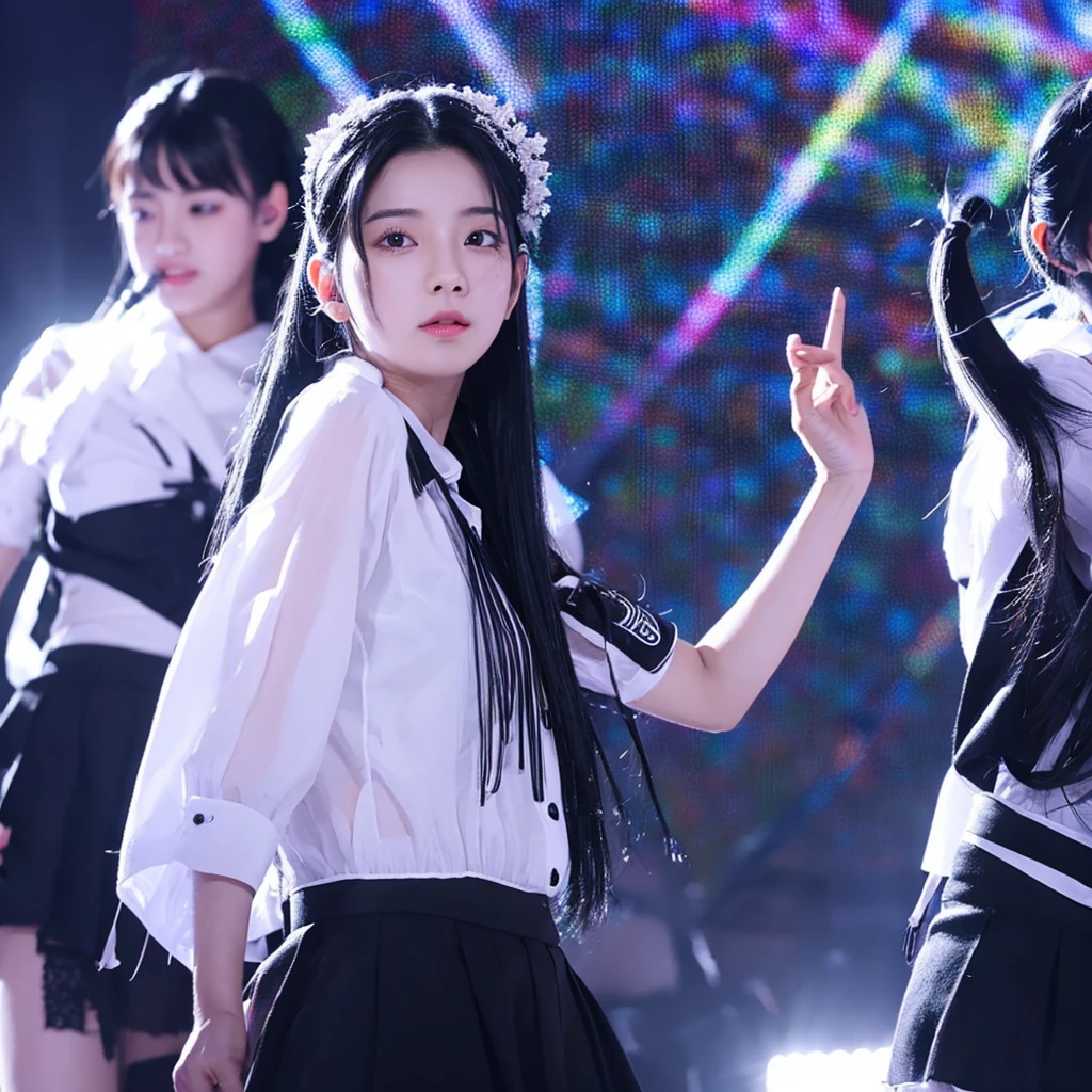 A black-haired girl with white strands performs on stage