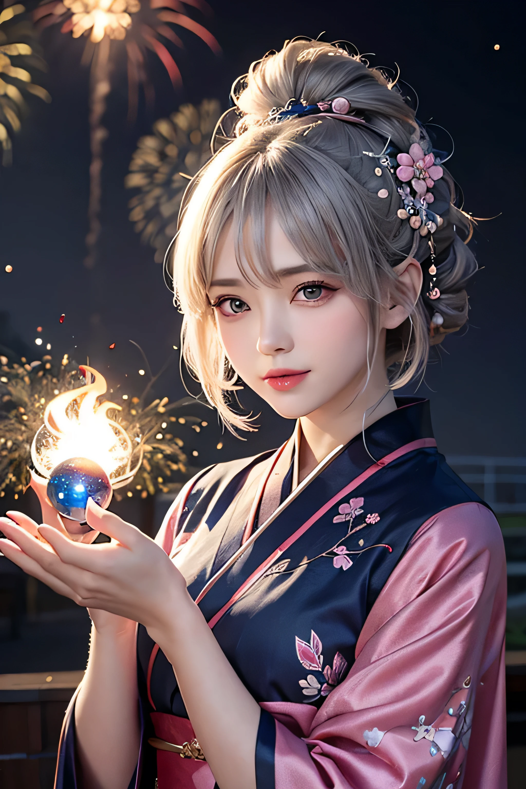Beautiful silver hair,firework,Firework launch background,(Holding a glowing blue crystal ball in each hand)),positive,Front configuration,Upper Body,((Observe the audience)),gorgeous red and black kimono,Cherry Blossom Hair Accessories,length, Short Hair, Cherry Blossom Hair Accessories,Beautiful and delicate face,blush,Cherry pink eyes,Big eyes,Extremely fine resolution,Highest quality,mysterious,firework,Firework launch background,God,goddess