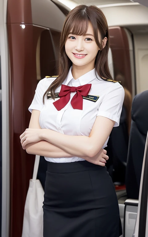 (4K,8K,Masterpiece,Realistic),Super Resolution:1.2、(Japanese:1.3)、Realistic、Japaneseアイドルの女の子、Beautiful face in every detail、 years old、Beautiful eyes、cute、smile、Perfect hands、Natural Makeup、bangs、Large Breasts、Cabin attendant、Inside the plane、Standing posture、Tight Skirt、uniform、Friendly atmosphere