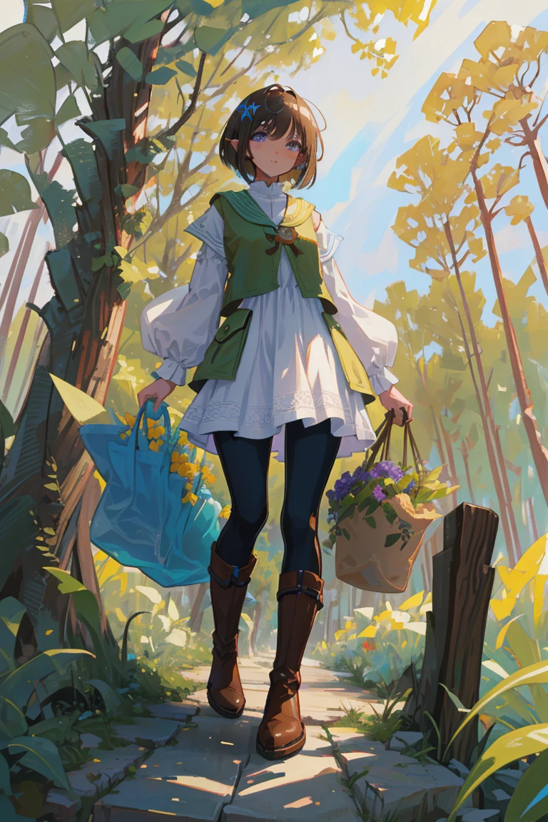 masterpiece, absurdres, 1girl, cowboyshot, tachi-e, mature woman, best aesthetics, small breasts, narrow hips, thin thighs, dark hair, narrow eyes, slanted eyes, brown skin, knee-length dress, round nose, very detailed face, clean lines, dynamic pose, anatomically correct, hyperdetailed, forest atmosphere, beige eyeshadow, clean makeup, violet eyes, detailed hair, sparkling eyes, nature, magic, fantasy, medieval, high fantasy, leather leggings, comfy, cozy, tsurime eyes, SFW, tunic dress, arms by side, outdoors, trees in background, simple bob haircut, messy bangs, hair framing face, straight hair, elf, adult woman, brown dress, green vest, inked comic, comic art, ankle boots, cell shading, cartoon style, tanned skin, broad shoulders, leather satchel, forest mage, dark skin