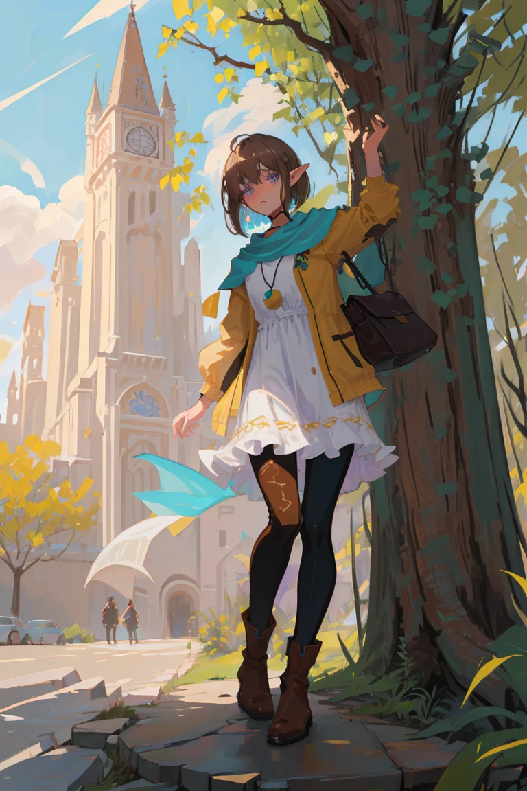 masterpiece, absurdres, 1girl, cowboyshot, tachi-e, mature woman, best aesthetics, small breasts, narrow hips, thin thighs, dark hair, narrow eyes, slanted eyes, brown skin, knee-length dress, round nose, very detailed face, clean lines, dynamic pose, anatomically correct, hyperdetailed, forest atmosphere, beige eyeshadow, clean makeup, violet eyes, detailed hair, sparkling eyes, nature, magic, fantasy, medieval, high fantasy, leather leggings, comfy, cozy, tsurime eyes, SFW, tunic dress, arms by side, outdoors, trees in background, simple bob haircut, messy bangs, hair framing face, straight hair, elf, adult woman, brown dress, green vest, inked comic, comic art, ankle boots, cell shading, cartoon style, tanned skin, broad shoulders, leather satchel, forest mage, dark skin