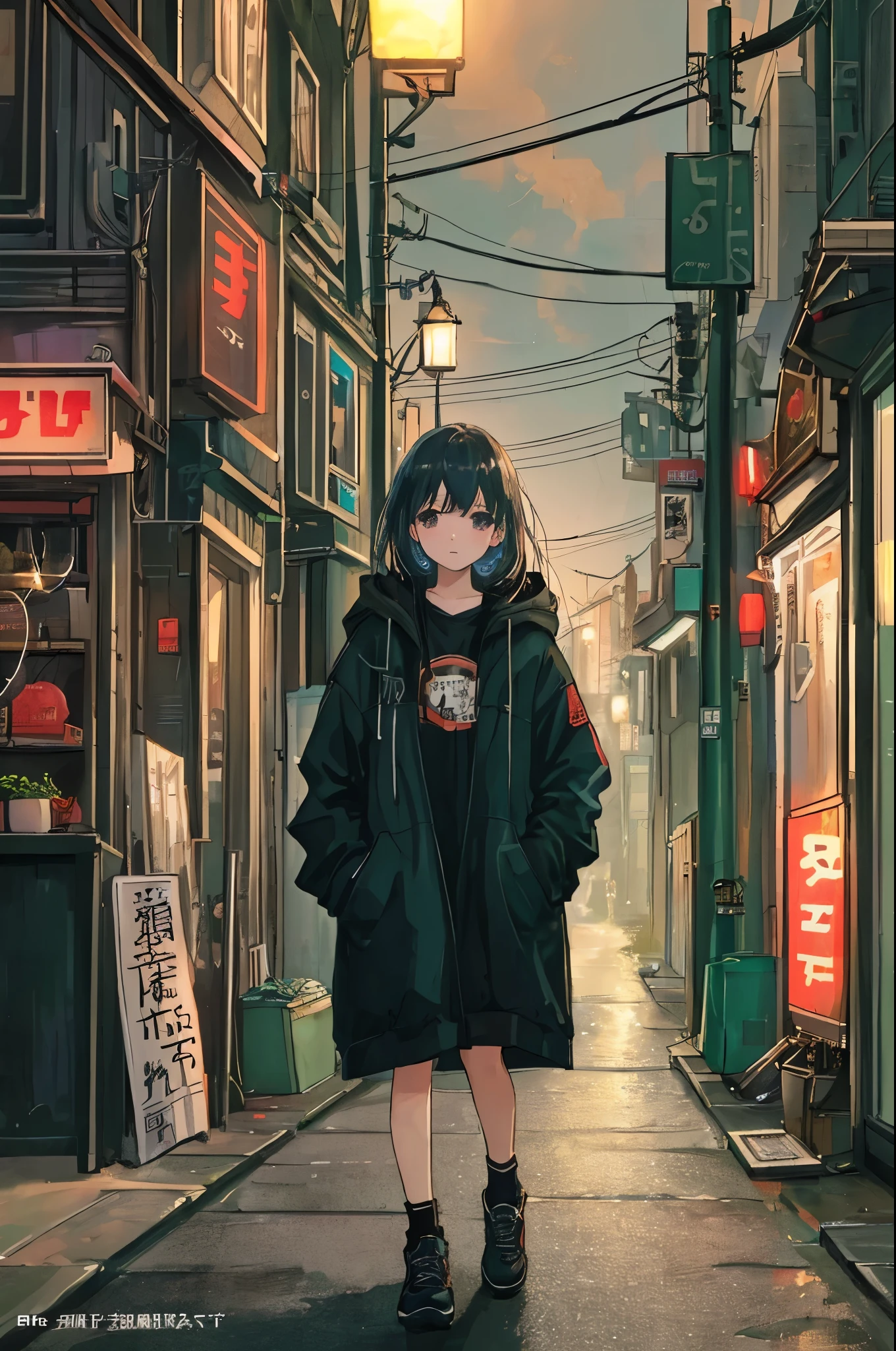 (masterpiece、Highest quality、Highest quality、Official Art、Beautiful and aesthetic:1.2)、Near future、Blade Runner、Slum Street、Late at night、Lo-fi Hip Hop、Cafe with small lights、Residential Street、silence、It&#39;s raining a little、