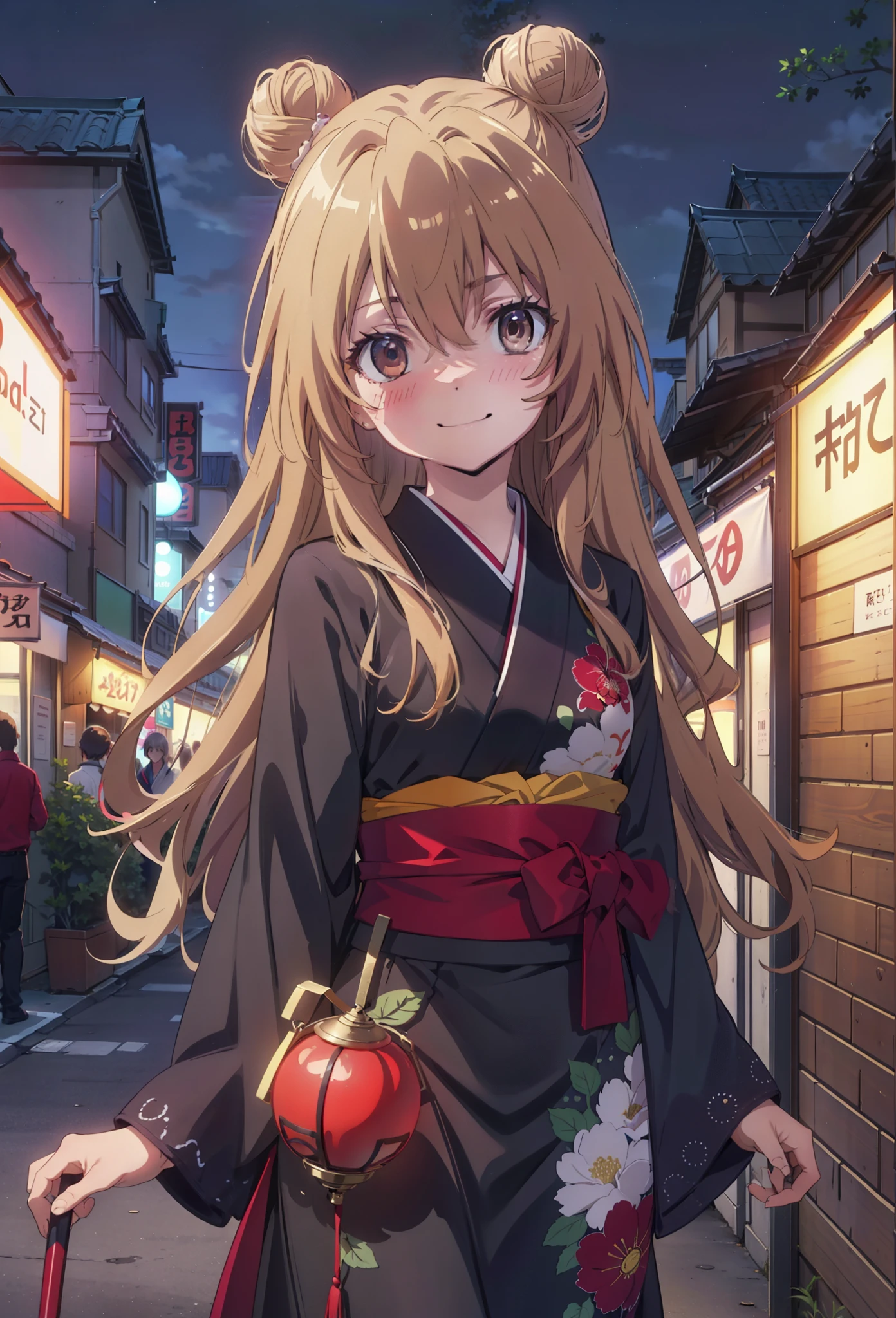 taiga aisaka, taiga aisaka, Long Hair, Brown Hair, Brown eyes,happy smile, smile, Close your mouth,Hair Bun, single  Hair Bun,hair ornaments,Black kimono,Thick sleeves,,Japanese Festivals,Summer festival food stalls,Red lantern,night,As if your whole body is in the illustration,Walking,　　　　　　　　　　　　　　　  break looking at viewer, Upper Body (Cowboy Shot:1. 5),  　　　　　
break outdoors, Area,
break (masterpiece:1.2), Highest quality, High resolution, unity 8k wallpaper, (shape:0.8), (Beautiful attention to detail:1.6), Highly detailed face, Perfect lighting, Highly detailed CG, (Perfect hands, Perfect Anatomy),