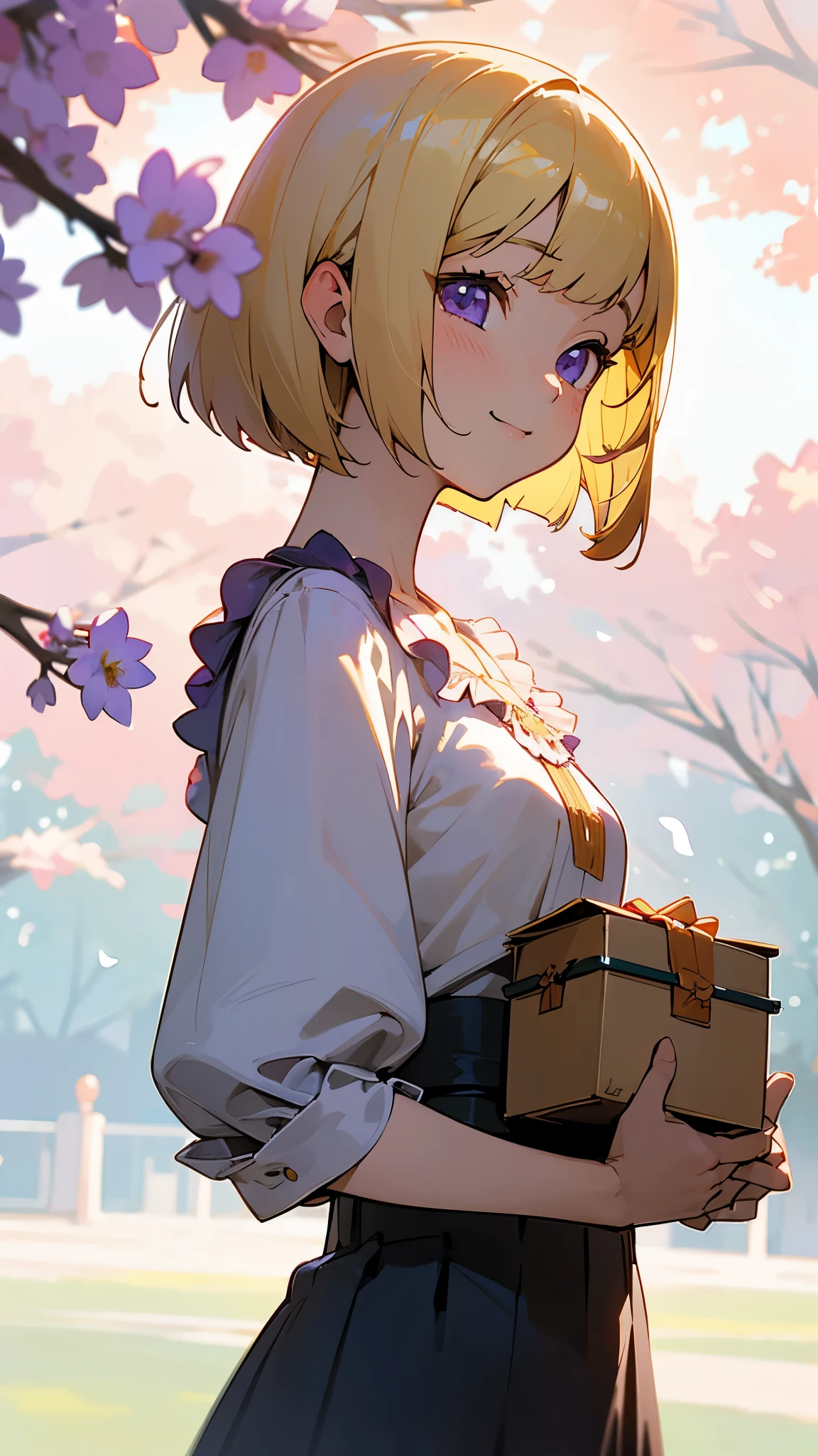 1 Girl、Anime-style paintings、Upper body close-up、From the side、Bento box、Small breasts、smile、(blonde)、Bobcut、Beautiful purple eyes、Frilled blouse、Morning Park、Background Blur, Written boundary depth