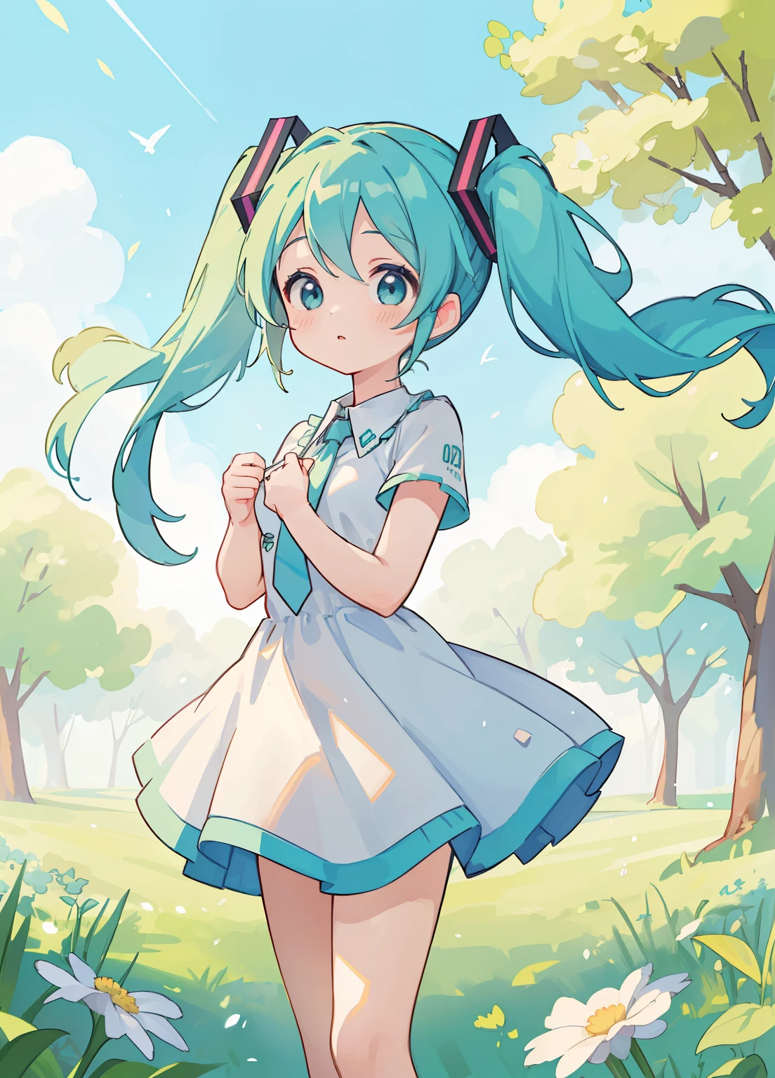(masterpiece、Highest quality、Highest quality、Official Art、Beautiful and beautiful:1.2)、(One girl:1.3)Hatsune Miku、Twin tails,Beautiful breasts, Spring steppe、Lunchtime in pleasant sunlight、I&#39;m having lunch、25-year-old female、Lunch break on the lawn、Pale light blue T-shirt、Shorts、Cute Hats、Looking into the camera