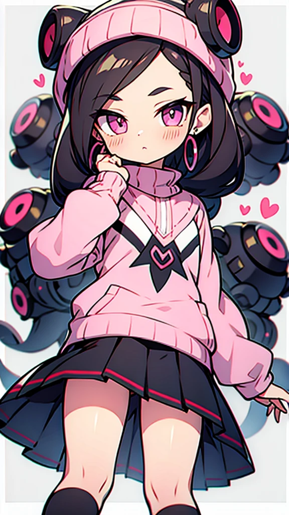 Insanely detailed super accurate anime illustration,pink sweater with vertical lines,
black pleated skirt,
earrings,garter belt,
black knee socks,
splatoon's octoling,octopus girl,forehead,