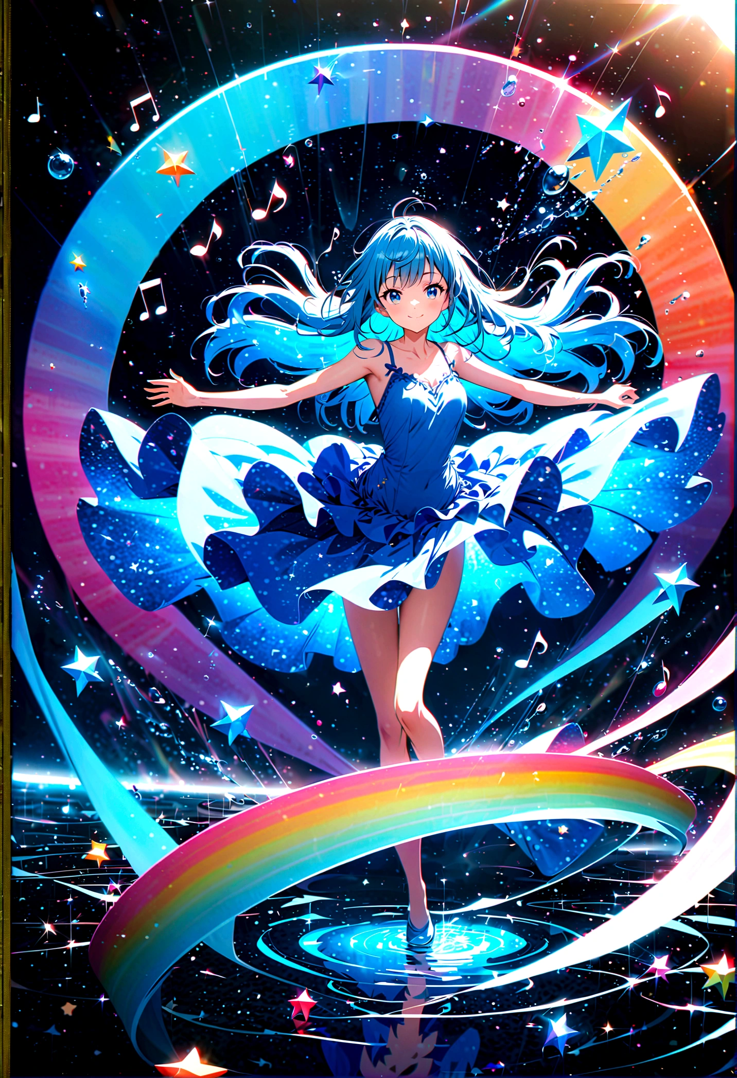 Anime style, ultra-detailed, 8K CG, blue-haired girl, smile, blue world, mysterious blue objects floating, star, (musical note), rainbow, blue dress, reflection, rainbow-colored water dancing around her. Rotating rainbow-colored water.