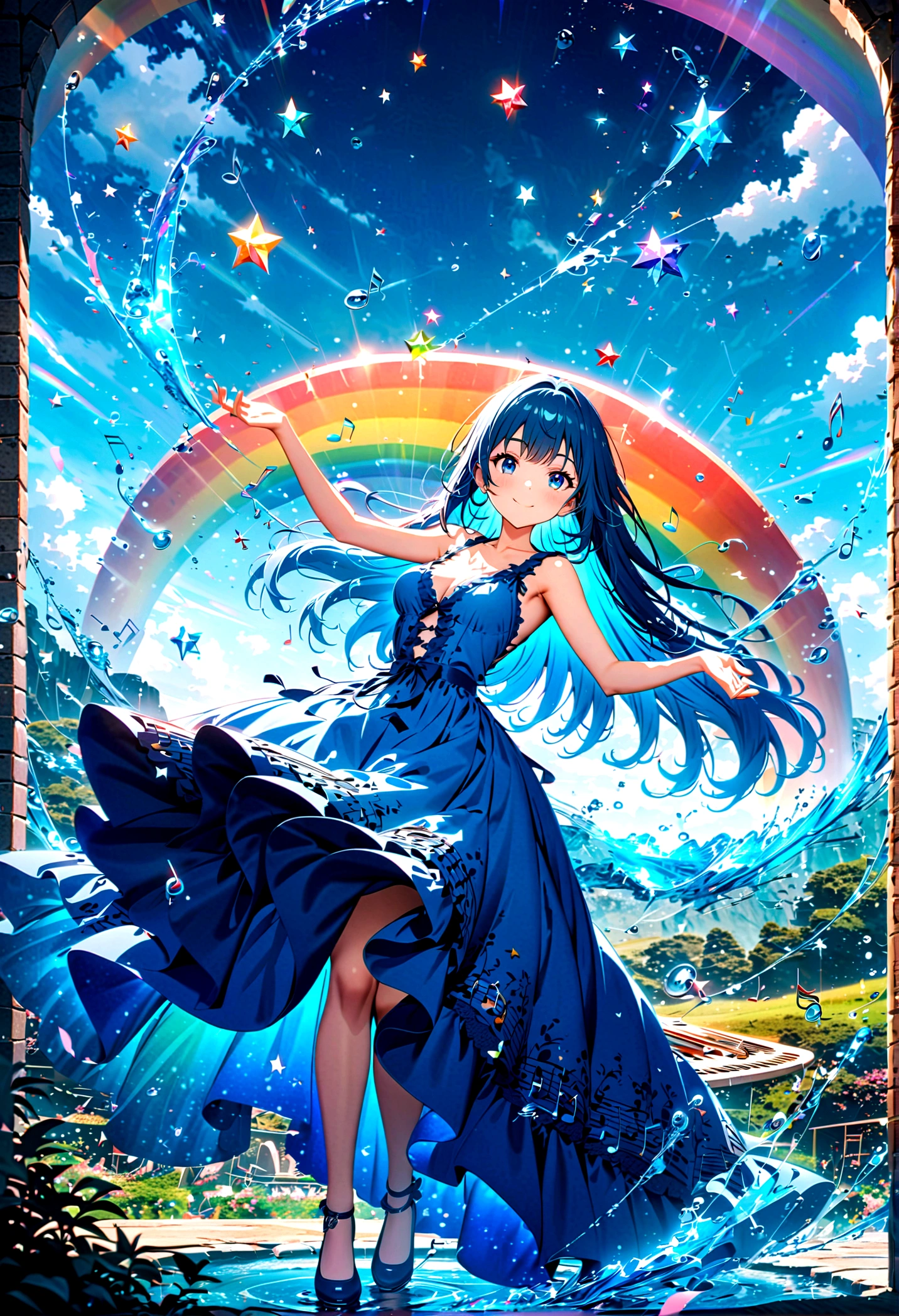 Anime style, ultra-detailed, 8K CG, blue-haired girl, smile, blue world, mysterious blue objects floating, star, (musical note), rainbow, blue dress, reflection, rainbow-colored water dancing around her. Rotating rainbow-colored water.