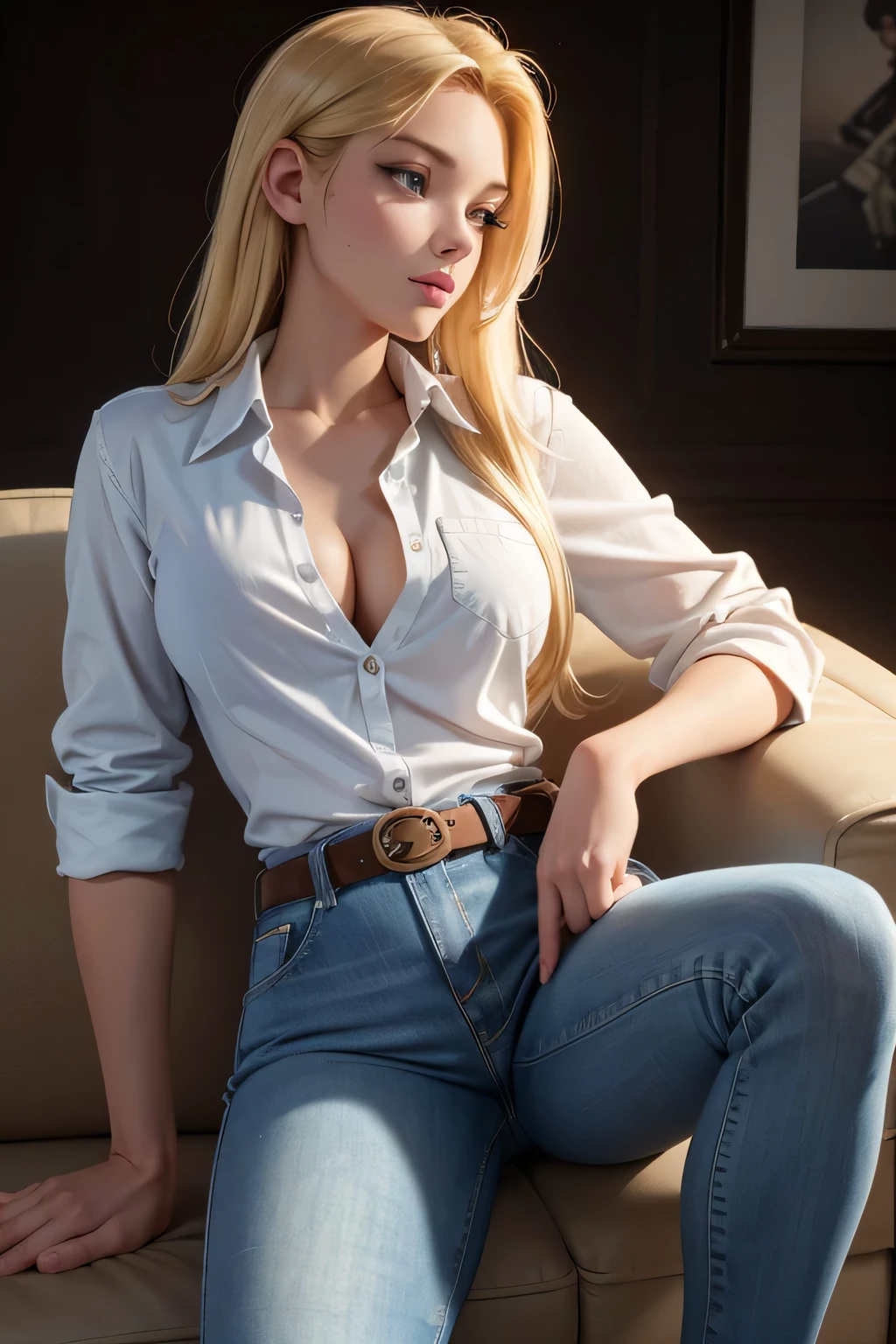 beautiful young blonde woman sitting slumped on a couch wearing a white button up shirt and tight blue jeans, right hand holds a AR15 gun, head turned to side in profile, legs apart, strong legs, large breasts, detailed jeans with belt, ultra high resolution,