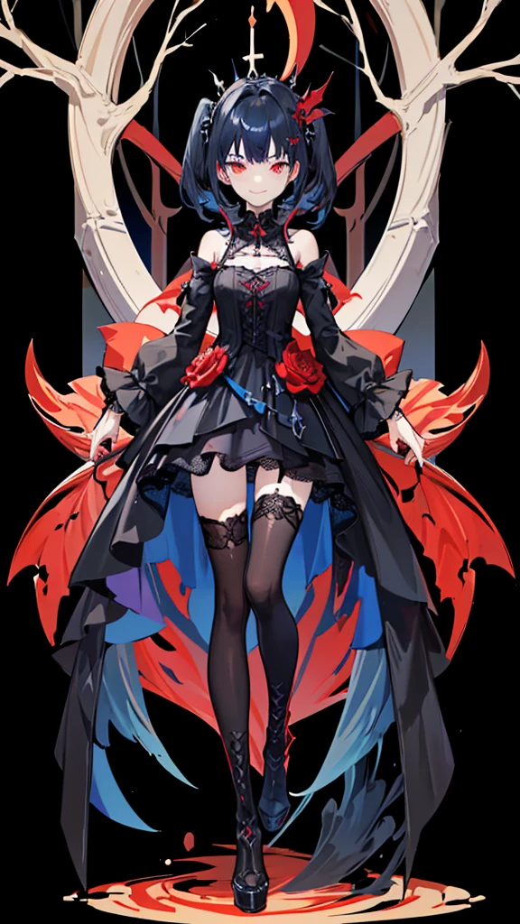 [(church background:1.4)::5],Original,(Illustration:1.1),(Best Quality),(masutepiece:1.1),(the Extremely Detailed CG Unity 8K Wallpapers:1.1), (Colorful:0.9),(mid-shot:0.95),(Full body:1.5),Dynamic Angle,(Solo:1.2), (girl),((Adult)), (Detailed beautiful eyes:1.15), (Beautiful face:1.15), (Glowing red eyes:1.25////),((dark blue long hair)),(Blunt bangs),(low twintails),(+perfect hand+:1.21),(Draw an illustration of a gothic girl),(Religious),(slender),(she has boots on her feet),((Wearing a black dress)),(Furious), Lace Off Shoulder Lolita Fashion,Beautiful slender woman,((Evil smile)),Dark blue short hair,Dark blue short hair,Laugh,