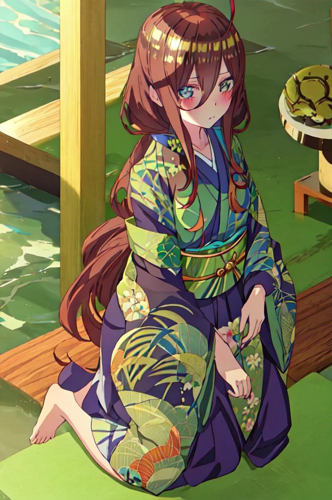 Highest quality, masterpiece, High resolution, alone, {Nakano_Miku_gotoubunnohanayome:1.15}, lupong_hair, brown_hair, 前hair, hair_between_eye, green_eye, headphupones_The surrounding area_head, headphupones, blush, Closed_mouth, Shiny_hair, One girl, green_kimupono, Japanese_Clothes, kimupono, mask, mask_upon_head, yukata