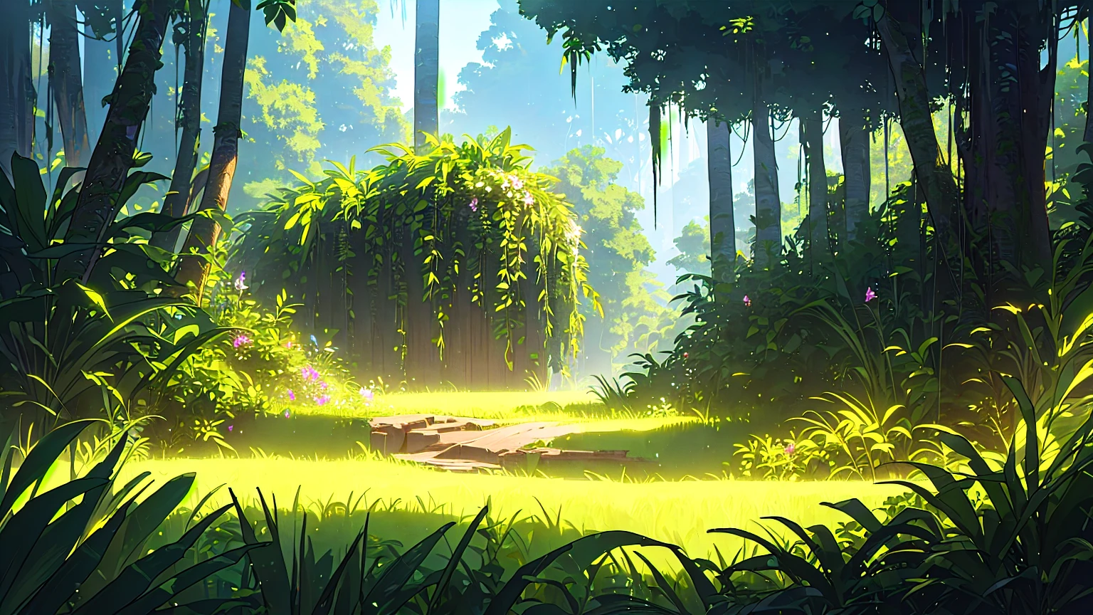 a close up of a lush green field with flowers and trees, overgrown jungle environment, beautiful environment, summer unreal engine 5, floral environment, rendered in cryengine, highly detailed environment, cryengine 8 k, unreal engine ; romantic theme, cryengine render 8 k, jungle environment, cryengine 8k uhd, cryengine 8 k uhd, magical environment