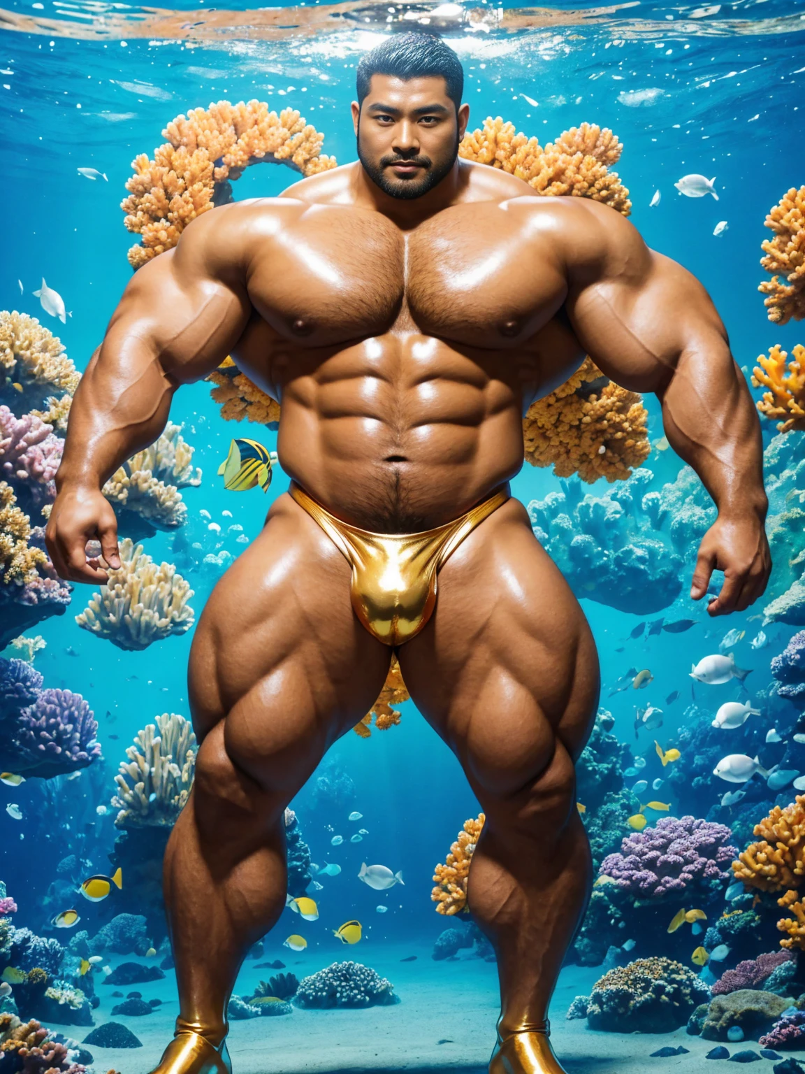 There is only one handsome Asian actor in the photo,35 years old,High target, Fitness,short hair, O-Shaped Beard,Perfect body, Dark skin color,Radiant Skin,Smooth skin,Shiny, shiny skin,Smooth pectoral muscles,No chest hair,No body hair,Muscle bulge, muscular, Very large pectoral muscles,Very sexy abdominal muscles,Very well-developed leg muscles,Huge concave and convex area,Brightens oily skin,Wearing a shiny gold leather thong,Handsome face,Wear shiny gold leather socks,Correct and accurate male body proportions, standing under the sea,There are colorful corals around。