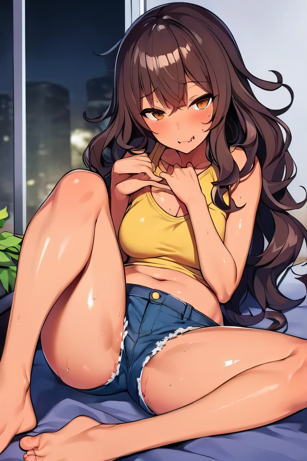 2d, Superb, (Masterpiece), (Full length), (Shiny amber hair:1.6), (Wavy medium hair:1.6), (Brown beautiful girl), (Healthy dark skin), (Sunburn mark), clavicle, (Denim hot pants:1.3), (Tank top), JK,Slender figure ,Glamorous Bare Feet, Leg hair, Brown Eyes, Attractive thighs, Medium chest, bedroom, On the bed, Light from the window, Sexy expression, Sweaty, Wet Hair, Drops from hair,Put your hands on your chest, Breathless, Bold pose