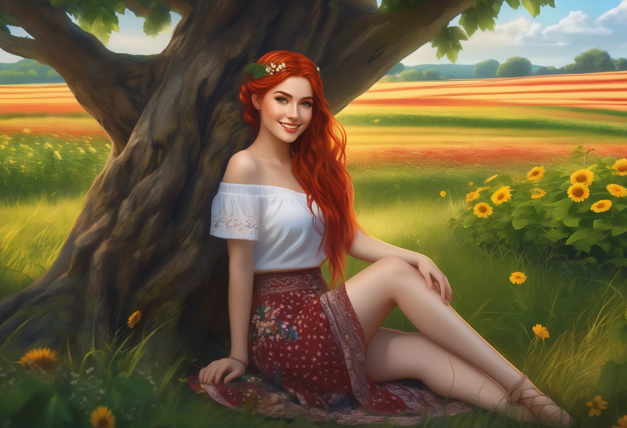 masterpiece, best quality, gorgeous pale american cute girl, smiling, (crop top), red hair loose braided hair, short polca skirt, lean against a tree, field, flowers smiling, perfectly symmetrical face, detailed skin, elegant, alluring, attractive, amazing photograph, masterpiece, best quality, 8K, high quality, photorealistic, realism, art photography