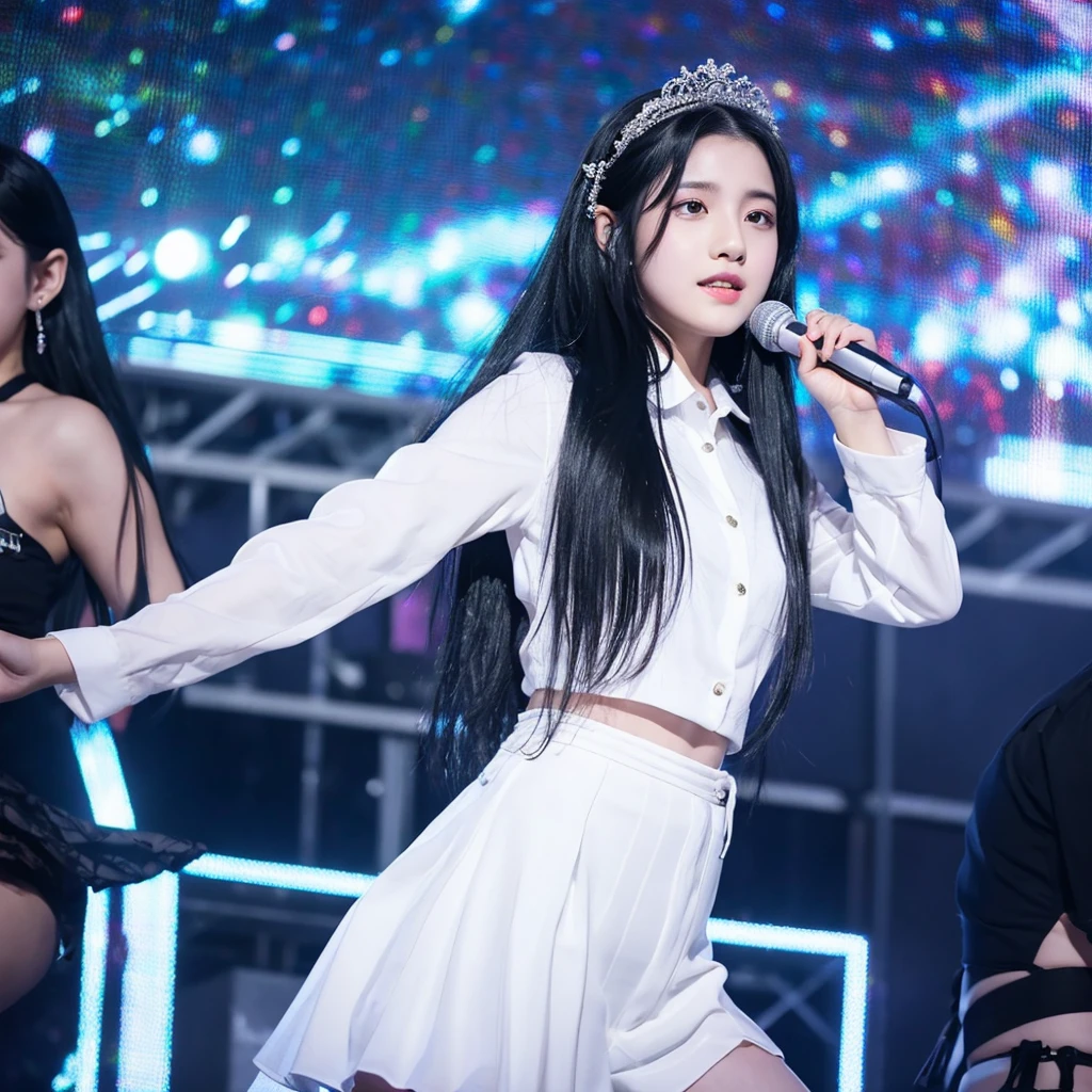 African american celebrity with straight hair posing with korean fan on stage