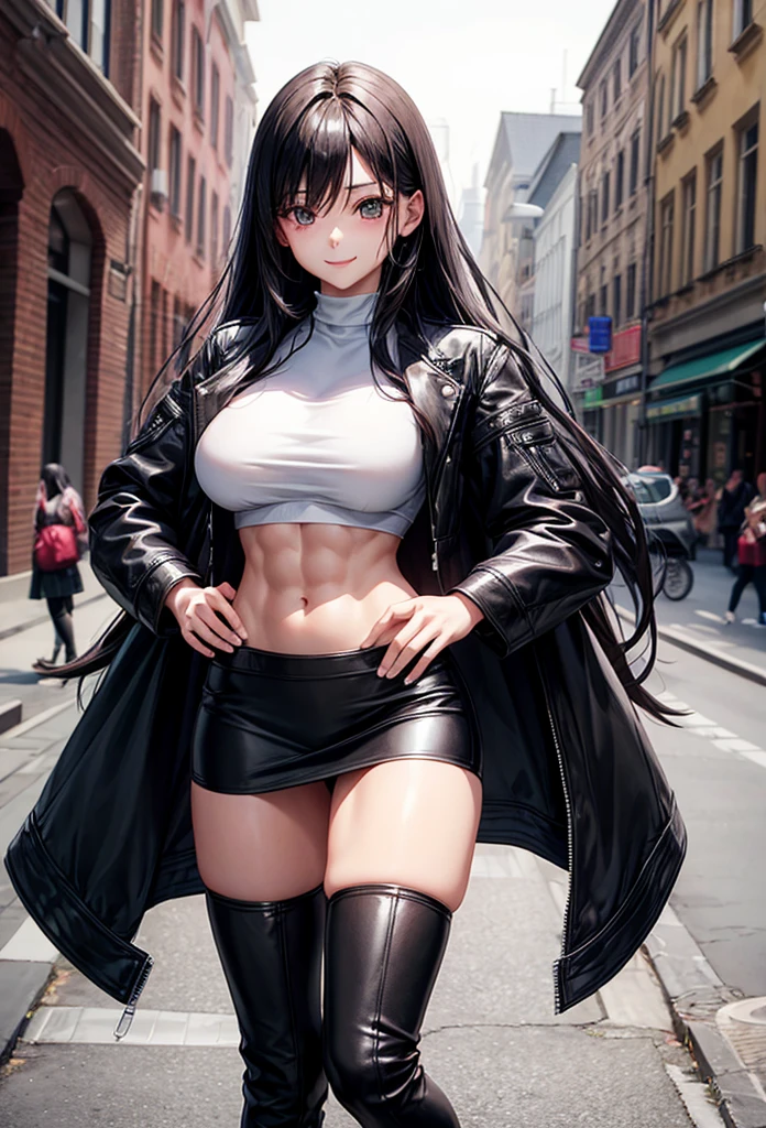 beautiful girl、Big Breasts、Black Hair、long hair、Muscular、Abdominal muscles、Toned Legs、leather jacket、White Crop Top、skirt、Knee Boots、Are standing、The whole body is visible、Around town、smile、One girl