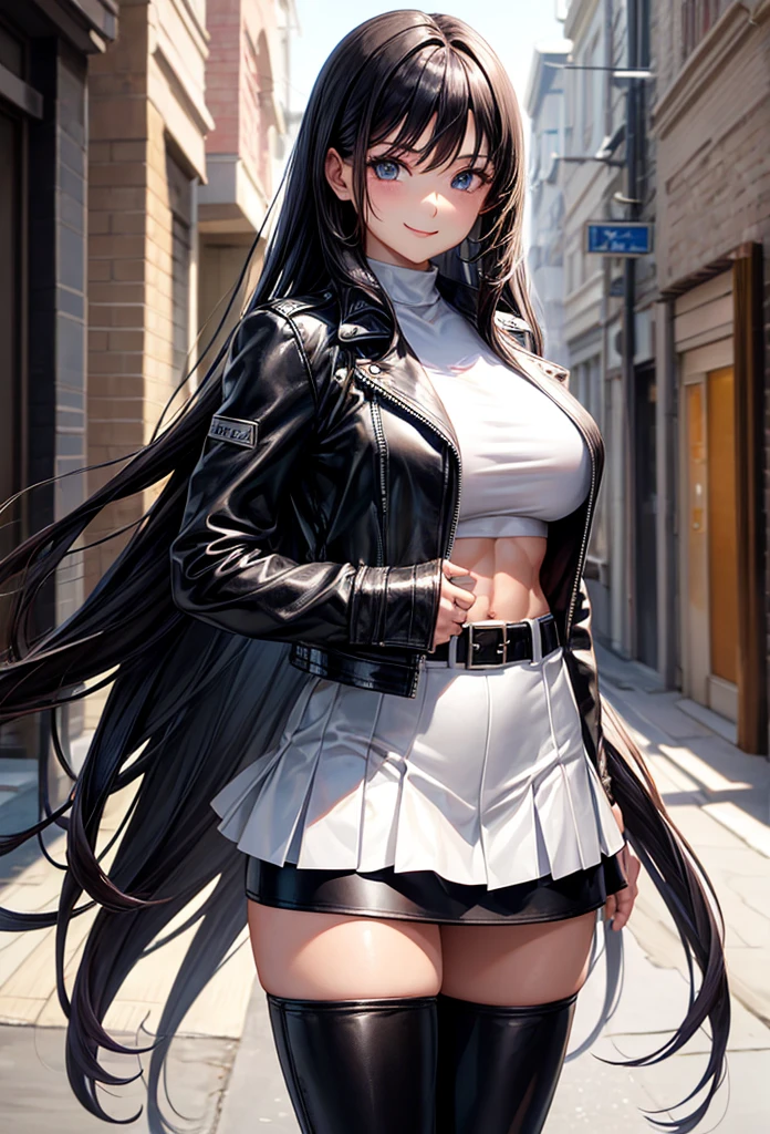 beautiful girl、Big Breasts、Black Hair、long hair、Muscular、Abdominal muscles、Toned Legs、leather jacket、White Crop Top、skirt、Knee Boots、Are standing、The whole body is visible、Around town、smile、One girl