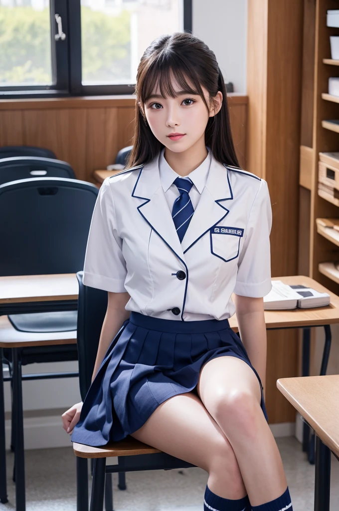 (8K、RAW Photos、Highest quality、masterpiece:1.2)、(Realistic、Photorealistic)、1 Girl、((Check mini skirt、Loafer Uniform、Navy blue socks、blazer、Big Breasts、classroom、I sat on a chair、Viewed from the front、Stand with your feet apart、))、Lots of eyelashes、Add shine to your eyelids、skeletally correct