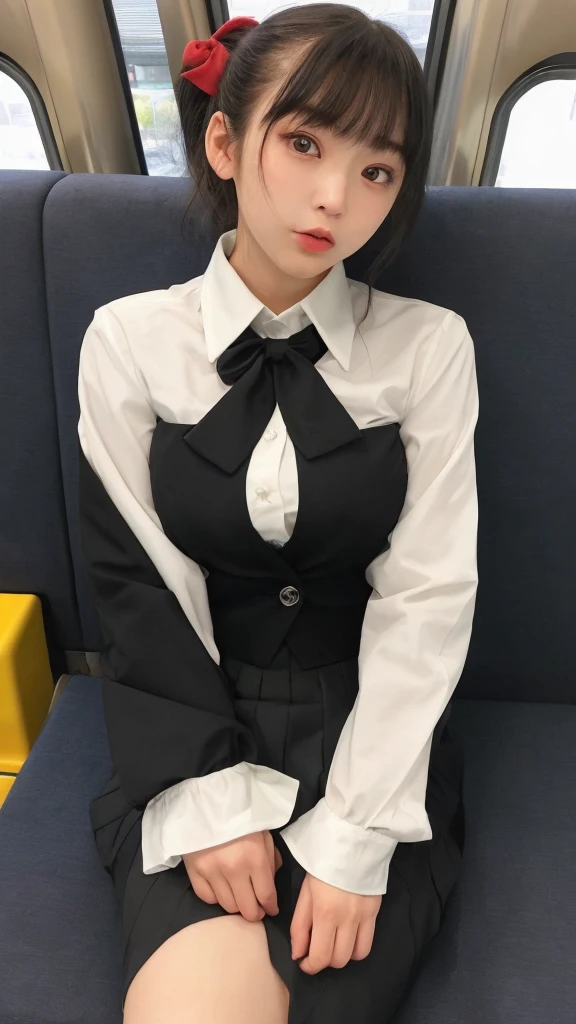 Of Japanese10Teenage Girls。A round face with plump cheeks makes you look young。The eyes are slit and long.、expression is dark。The mouth is large、The lips are thick。Wearing a simple black suit。Not pants、Wearing a black tight skirt。He wears a white curler shirt under his suit。Accentuates natural, large breasts。Shirt buttons4More than one open。Her hairstyle is a ponytail with bangs and long sideburns.。Tied with a red ribbon。Wearing a scrunchie on her left wrist。Train seats in the background。Sitting in your seat、legs wide open。