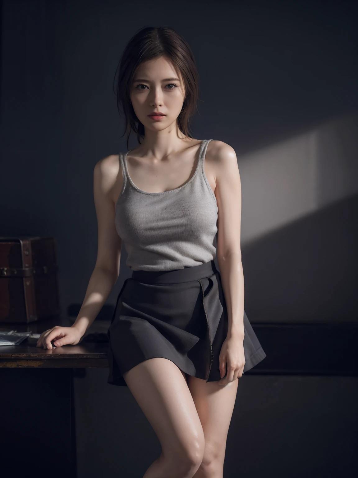 1girl, woman, masterpiece, best quality, highest quality, cinematic lighting, (volumetric lighting), extremely detailed CG unity 8k wallpaper, focused, 8k wallpaper, extremely detailed, ultra realistic, photorealistic, sharp focus, absurdres, (HDR:1.2), (high contrast), photograph, detailed and intricate, instagram, portrait, highly detailed, digital painting, artstation, concept art, smooth, sharp focus, illustration, cinematic lighting, (natural big breast), black short skirt, eyes looking at the viewer, ((medium shoulder)), (skinny legs), (slender body), (((height 163cm))), (HQ skin:1.4, Realistic human body structure), (Full body:1.3), (Close up photo), (knit tank top, very short skirt), (real skin of thighs), (thighs)