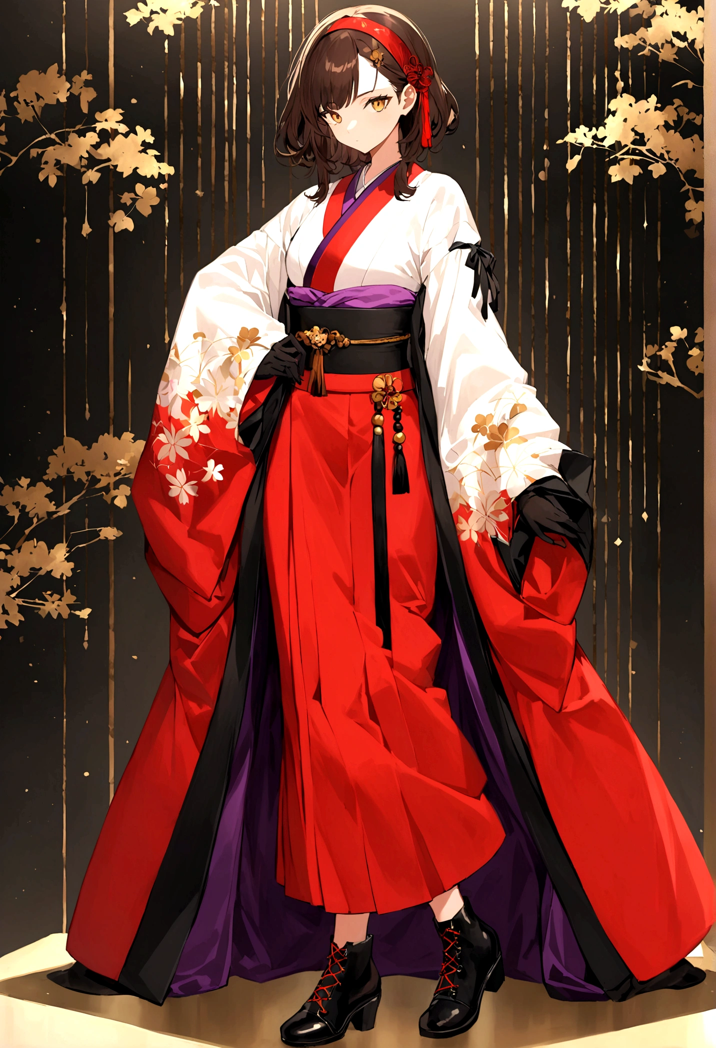 t is an anime-style character. The character is a young woman with bobbed, dark brown hair and golden eyes. She wears a traditional Japanese kimono with a modern twist. The lining of the kimono is red and dark purple with a spider web pattern on the sleeves and the bottom of the kimono. She wears a wide brown buckled belt and black gloves. On her head, she wears a red headband decorated with small ornaments. Her footwear is black lace-up ankle boots with a slight heel. The overall look should combine elements of classic elegance and contemporary style, reflecting a fusion of historical and current fashion trends. The character should be approachable and in a pose that shows her whole body.