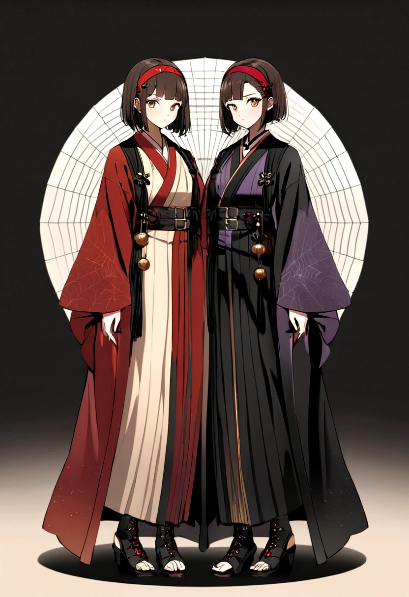 t is an anime-style character. The character is a young woman with bobbed, dark brown hair and golden eyes. She wears a traditional Japanese kimono with a modern twist. The lining of the kimono is red and dark purple with a spider web pattern on the sleeves and the bottom of the kimono. She wears a wide brown buckled belt and black gloves. On her head, she wears a red headband decorated with small ornaments. Her footwear is black lace-up ankle boots with a slight heel. The overall look should combine elements of classic elegance and contemporary style, reflecting a fusion of historical and current fashion trends. The character should be approachable and in a pose that shows her whole body.
