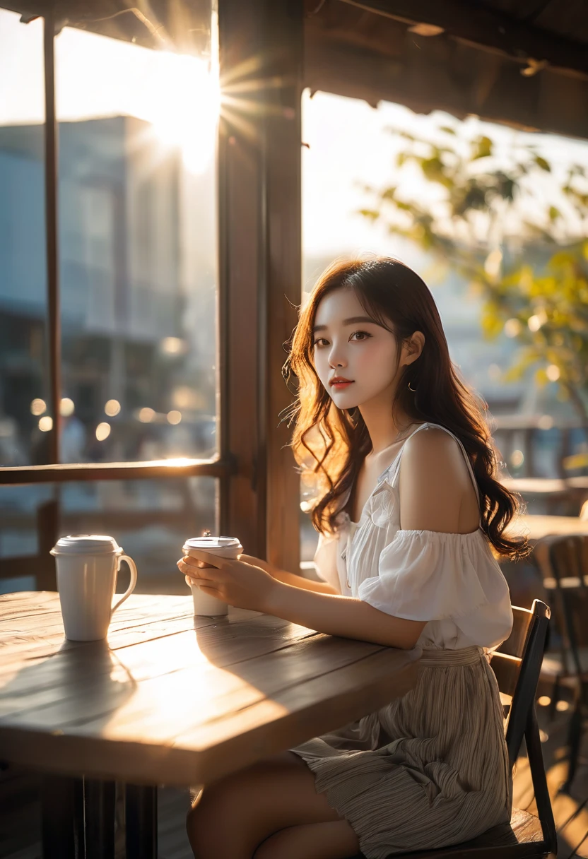 natural daily white sleevless shirt korean girl in the Morning rise, warm sunlight, a morning by the dock, sittting at outdoor cafe, big windows, cozy atmosphere, person in the bacground, depth of fields, Nikon z6 RAW image, playing with shadow, playing with lighting, rim light, hair light. back light, shadow,