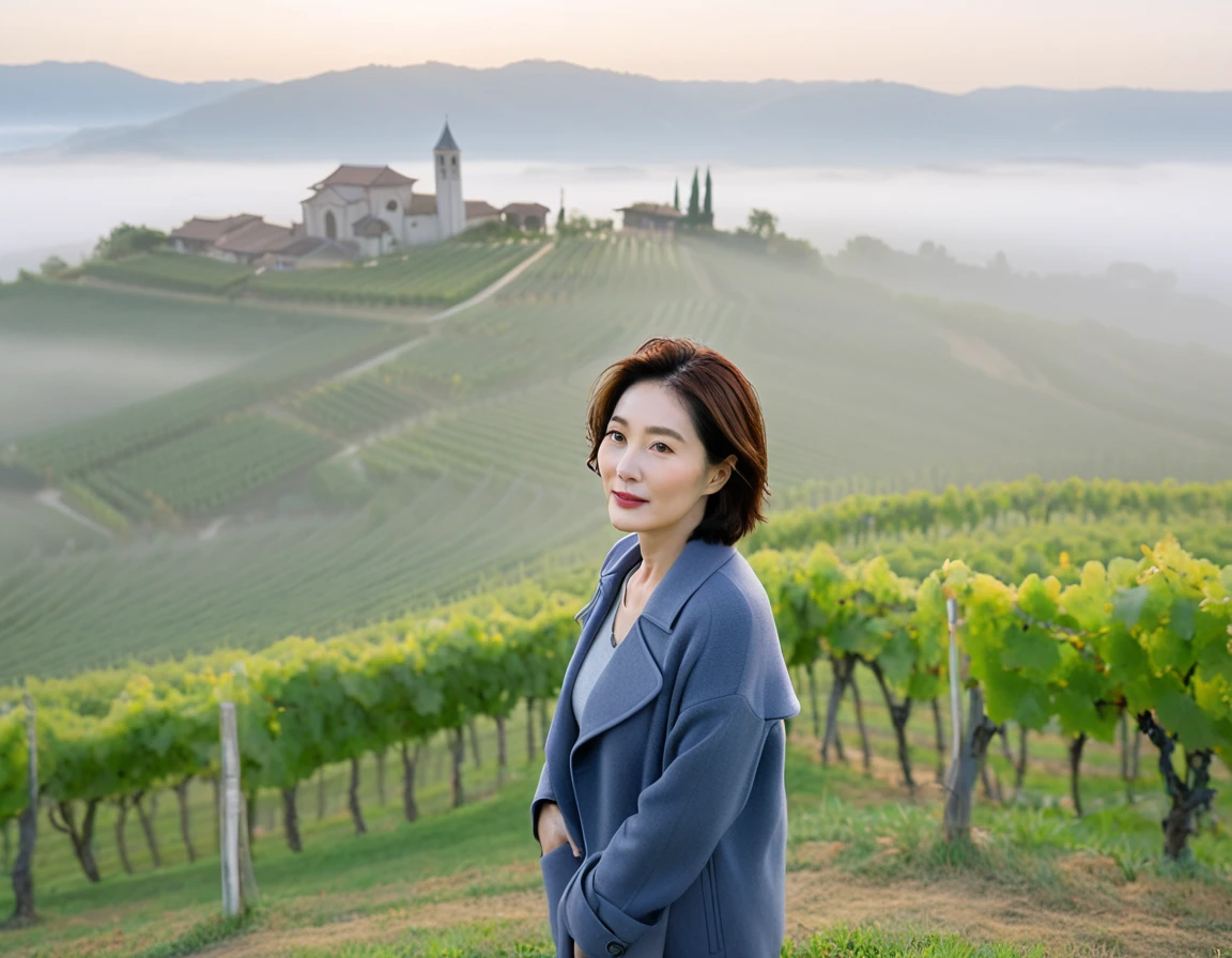 8k best picture quality, Beautiful 36-year-old Korean woman, short and nice weather. Chest size 34 inches, Dense fog at dawn in the Italian countryside, past the vineyard, The cathedral is visible in the fog in the distance., The back background is realistic and vivid quality., Short and medium hair blowing in the wind,Wear comfortable clothes for traveling, a faint smile. the background is clear, Short and slim Korean woman, stand far away, Photo taken with a wide-angle lens, Taken from a hill overlooking a misty vineyard, Full body photo taken with Canon Mark 5 camera 16-35 wide angle lens