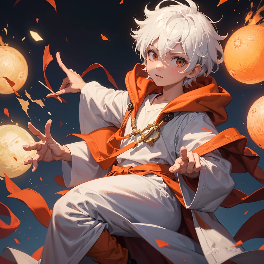 Create a  boy who has fluffy white hair, an orange wizard&#39;s cloak, an orange wizard&#39;s hat, a white tie and a cute happy face who is making a 2 with his fingers 