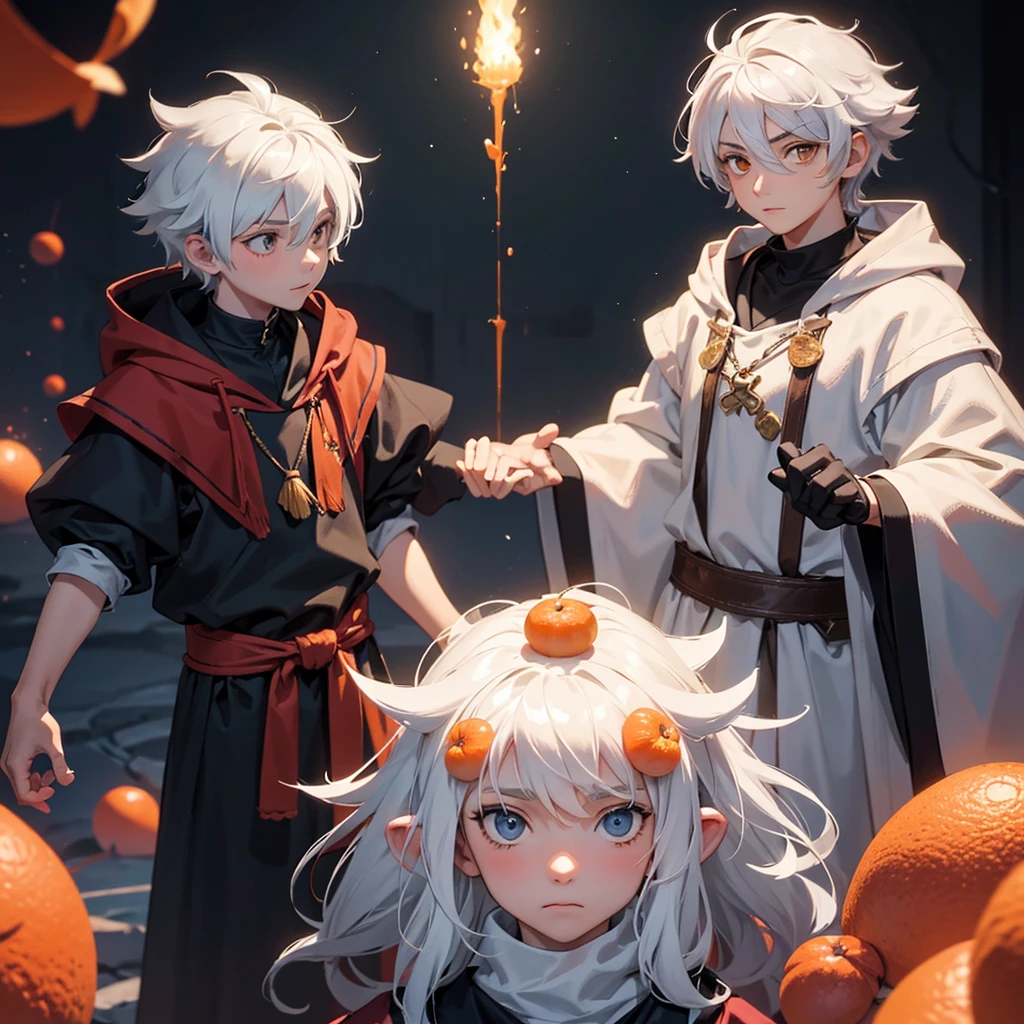 Create a 10 year old boy who has fluffy white hair, an orange wizard&#39;s cloak, an orange wizard&#39;s hat, a white tie and a cute happy face who is making a 2 with his fingers 