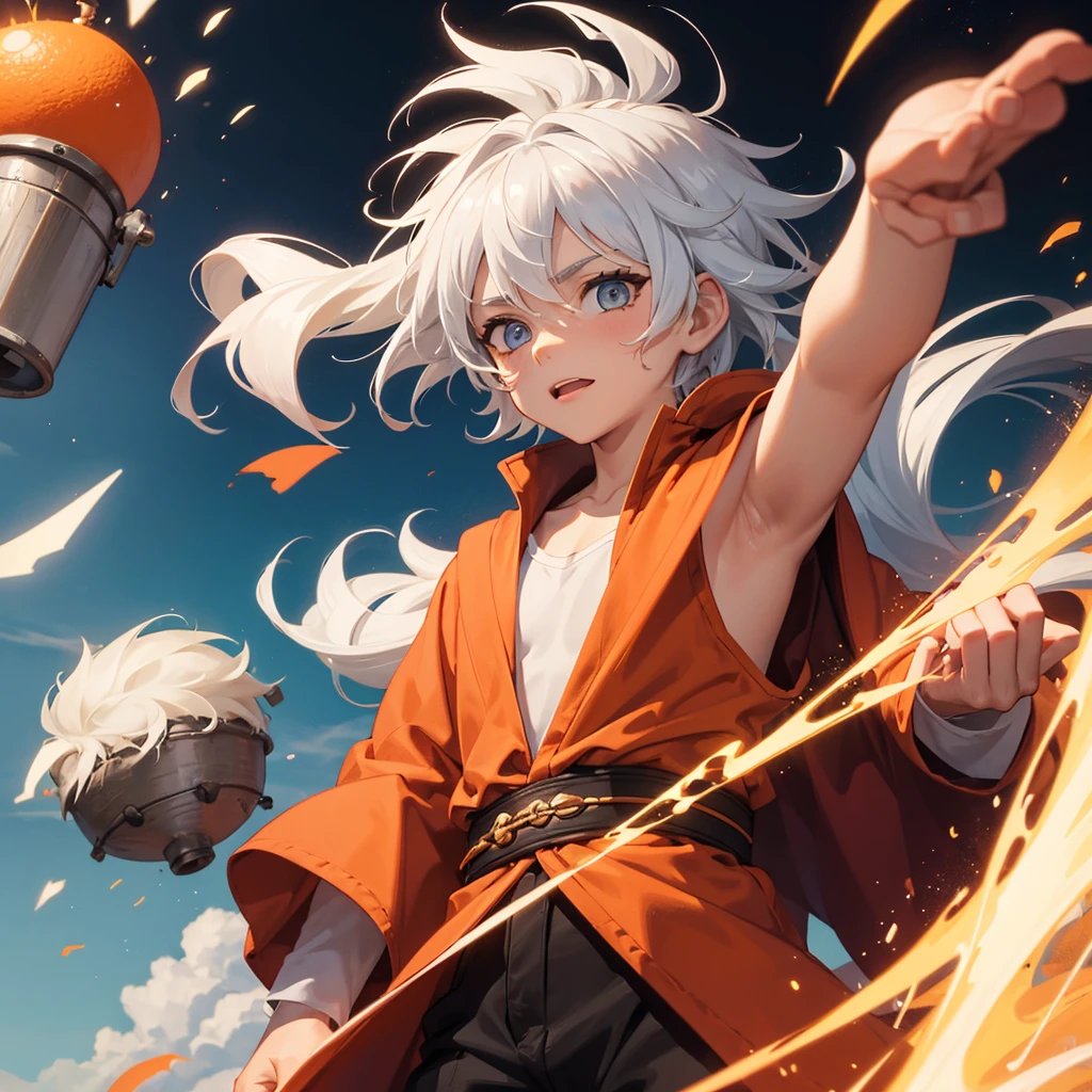 Create a 10 year old boy who has fluffy white hair, an orange wizard&#39;s cloak, an orange wizard&#39;s hat, a white tie and a cute happy face who is making a 2 with his fingers 