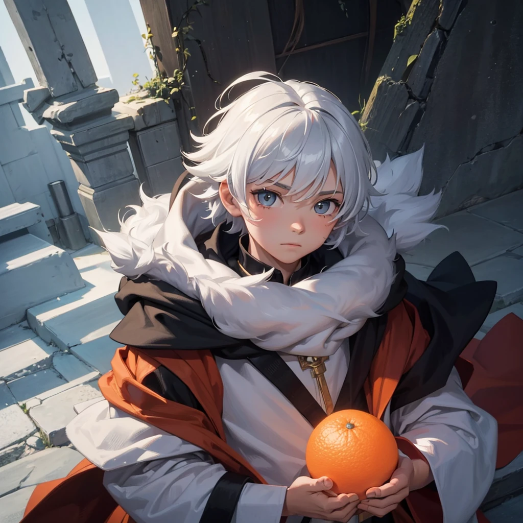 Create a boy who has fluffy white hair, an orange wizard's cloak, an orange wizard's hat, a white tie and a cute happy face who is making a 2 with his fingers