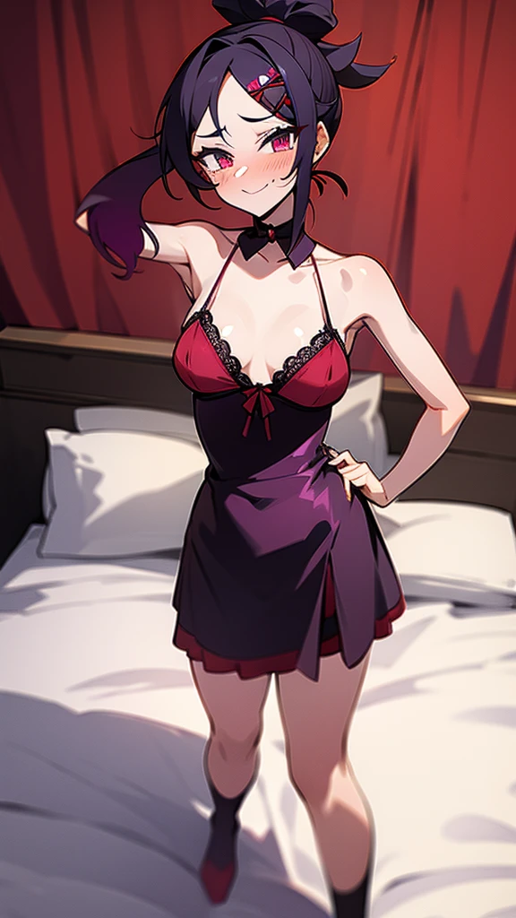 high tail hairstyle, Ponytail hairstyle, Long wavy black hair, standing posing, anime girl style, pixel art anime style,penetrating look with deep eyes,red and purple eyes, hair with a ponytail hairstyle trapped with a big red bun, Women, red hair clips, x color shaped hair clips , smiling face blush, next to his bed , lingerie, sexy maid costume, , Black hair,