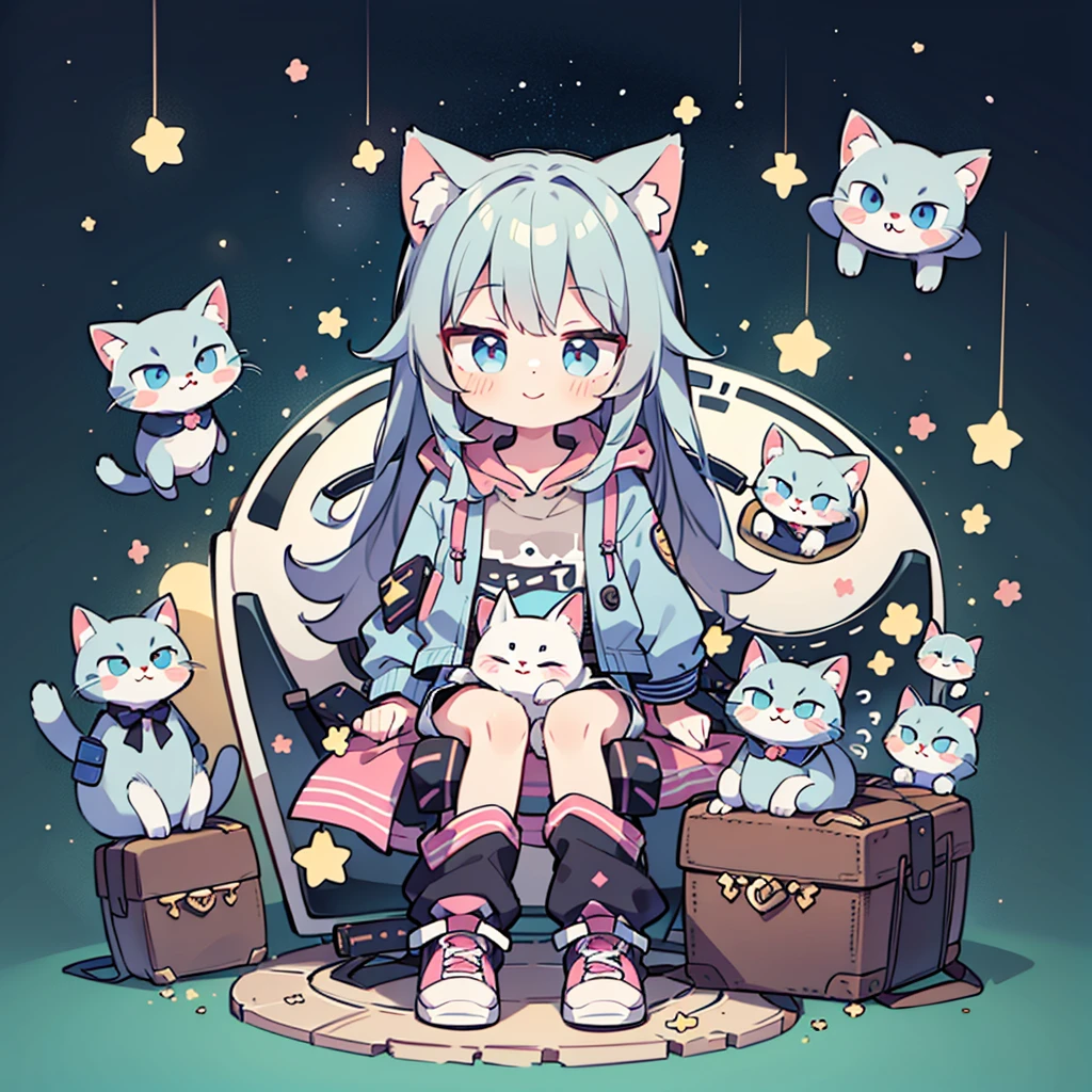 ((Highest quality,masterpiece,Extremely complex and exquisite details,A short girl with gray and blue cat ears and long hair is in the center,Gray blue super long straight hair,Curly hair at the ends,Sparse air bangs,Gray and pink T-shirt,Denim hooded cropped jacket,Black and gray long cargo pants)),(pink and white sneakers,Smile slightly,Surrounded by tons of cute short-legged cats,Correct anatomy),Super Q super cute short full body portrait,Starry sky background vertical painting space scene