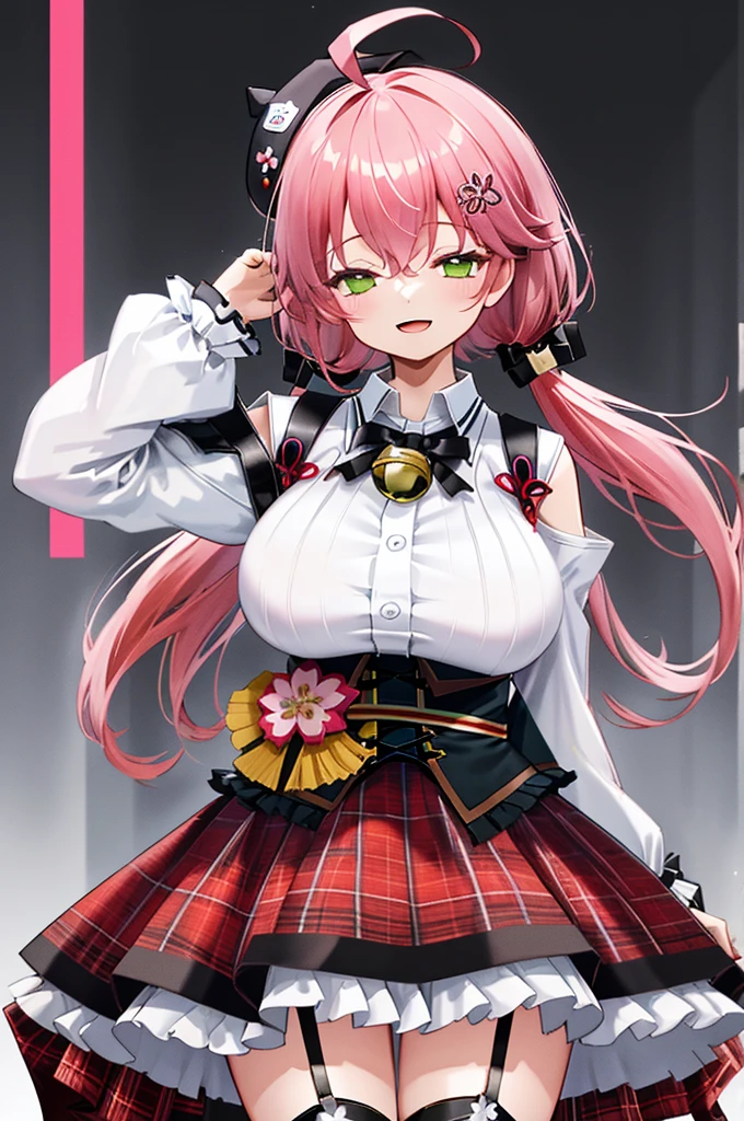 masutepiece, Best_Quality, hight_resolution, miko2,Ponytail, 1girl, Green eyes, Ahoge, black headwear, Hair Ornament, White shirt, black thighhighs, Pink hair, Red_skirt, very_short_skirt, plaid skirts, garter_strap, Collared shirt, hair clips, frilld, Bangs, hair between eye, frills skirt, beret, Pleated skirt, Hair Flower, Neck bell, , puffy long sleeves, Black bow, Underbust, Cowboy Shot,Smile, (gigantic_breasts:1.3),covered_nipples, covered_pussy,(closed_eyes:1.3), happy, childlike_posing,spread_legs,sleepy,(smile:1.2),plump,open_mouth,