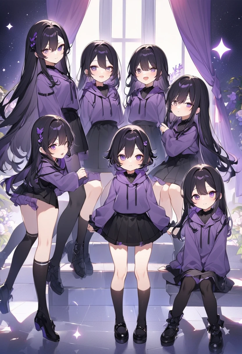Keito。Purple hoodie。Black Skirt。Purple Eyes。Black Hair。Black shoes下。Black shoes。6 sistery eldest daughter has lavender hair.。all female。Sextuplets