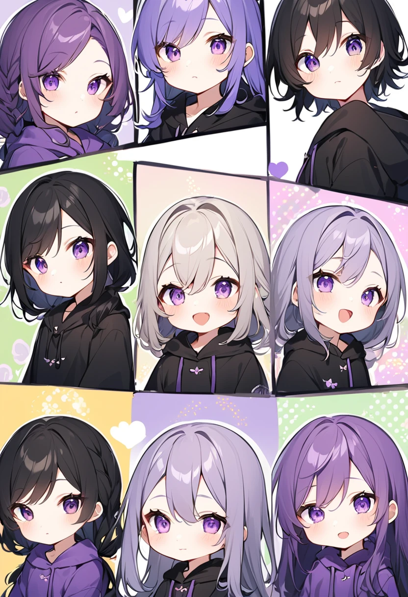 Keito。Purple hoodie。Black Skirt。Purple Eyes。Black Hair。Black shoes下。Black shoes。6 sistery eldest daughter has lavender hair.。all female。Sextuplets