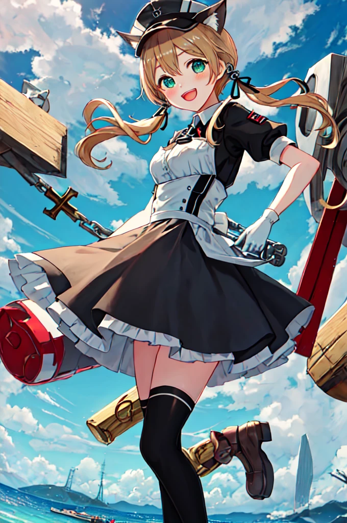 Highest quality, masterpiece, High resolution, alone, {Maid:1.40}, {length Maid dress:1.15}, {prince_Eugene_Fleet Collection:1.15}, blonde_hair, length_hair, Twin tails, hair_ornament, anchor_hair_ornament, Have, Peaked_cap, blush, low_Twin tails, army, smile, chest, Open_mouth, iron_cross, cross, Aqua_eye, green_eye