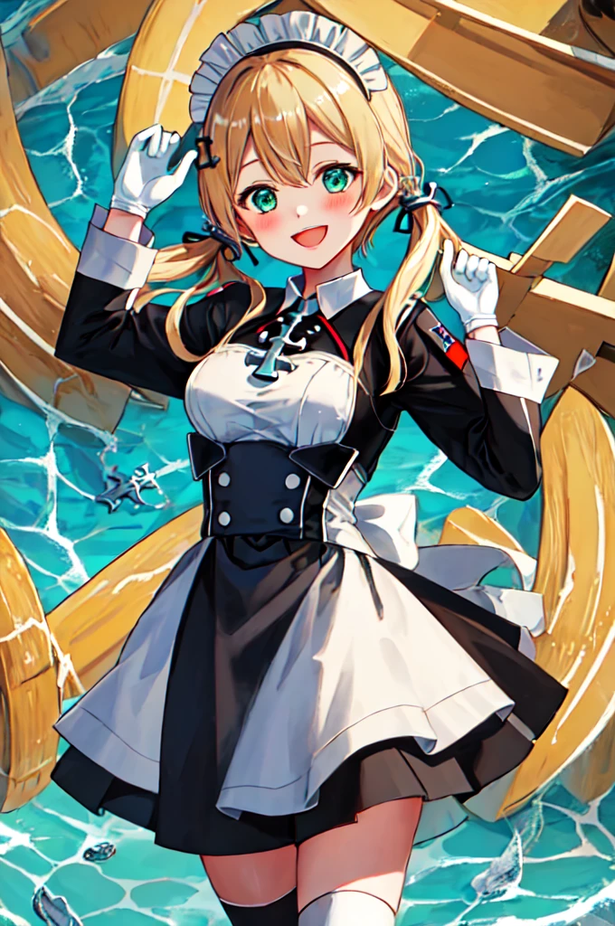 Highest quality, masterpiece, High resolution, alone, {Maid:1.40}, {length Maid dress:1.15}, {prince_Eugene_Fleet Collection:1.15}, blonde_hair, length_hair, Twin tails, hair_ornament, anchor_hair_ornament, Have, Peaked_cap, blush, low_Twin tails, army, smile, chest, Open_mouth, iron_cross, cross, Aqua_eye, green_eye