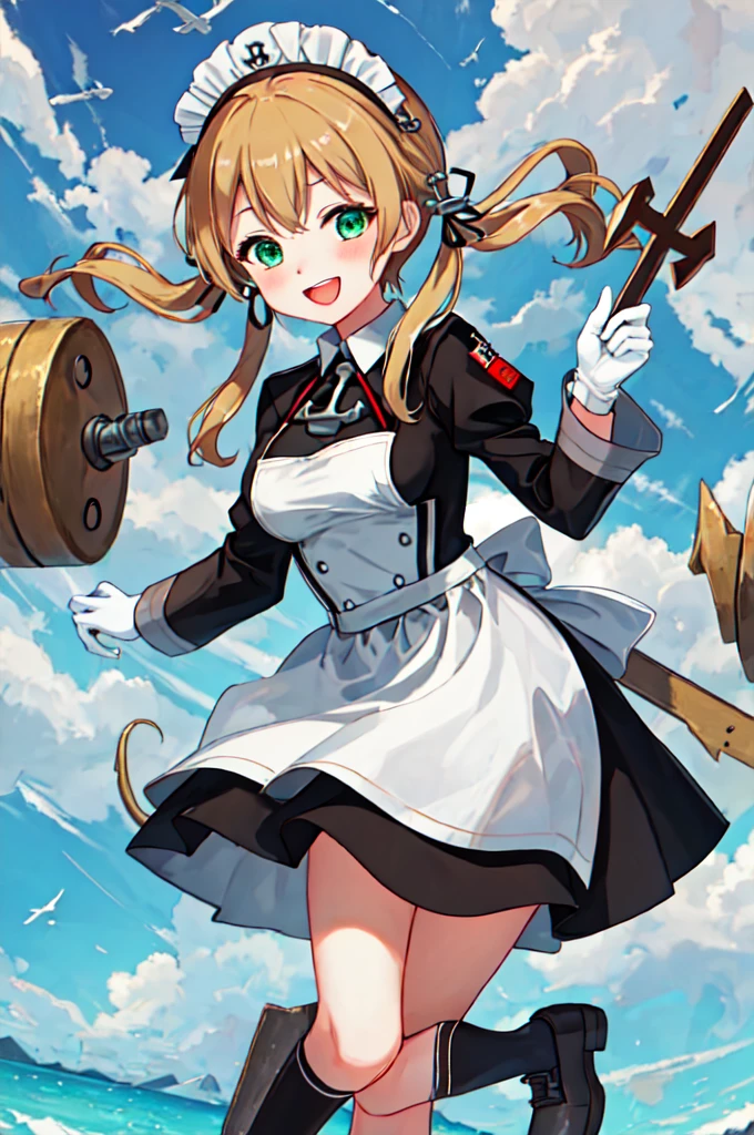 Highest quality, masterpiece, High resolution, alone, {Maid:1.40}, {length Maid dress:1.15}, {prince_Eugene_Fleet Collection:1.15}, blonde_hair, length_hair, Twin tails, hair_ornament, anchor_hair_ornament, Have, Peaked_cap, blush, low_Twin tails, army, smile, chest, Open_mouth, iron_cross, cross, Aqua_eye, green_eye