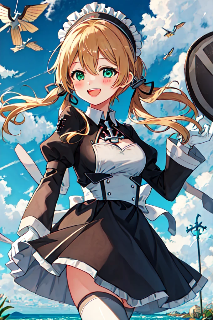 Highest quality, masterpiece, High resolution, alone, {Maid:1.40}, {length Maid dress:1.15}, {prince_Eugene_Fleet Collection:1.15}, blonde_hair, length_hair, Twin tails, hair_ornament, anchor_hair_ornament, Have, Peaked_cap, blush, low_Twin tails, army, smile, chest, Open_mouth, iron_cross, cross, Aqua_eye, green_eye