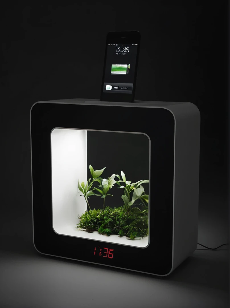 a close-up of a clock with a plant inside, product design, stunning high-tech, 3D iOS room photo, ecosystem, technology and nature in harmony, moss, futuristic product design, vibrant environment, mood lighting, technology and nature, bioluminescent network garden, genius design, oled lights in the corner, machine garden, high-tech