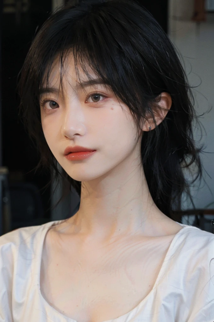 1 girl,Model,Upper Body,short hair,A faint smile,serene, calm,Moles under the eyes,Exquisite eyes, Delicate face,Lipstick,earrings,Hair details, skirt,(Dress conservatively:1.3)(Large Breasts:1.2),outdoor,background,城市background,(Skin details:1.4),(Realistic and detailed eyes:1.2), Natural skin texture, Realistic facial details,Close-up of face,Portrait Photography,(Portrait Photography:1.1), (smooth skin textures:1.3), (Highest quality real skin textures:1.4), Direct vision,Soft dramatic lighting, Vivid details, 35 mm film, (Photo Practical:1.4), (hyper Practical:1.4), (Practical:1.3), (Smoother lighting:1.05), (Improve lighting quality:0.9), (Enhance the beauty of skin texture:1.1), Depth of Field, Bokeh, Surrealism, Ray Tracing, ( Surrealism, High Detail, Chiaroscuro, Ray Tracing, reflected light, Ultra HD, Ultra HD, masterpiece, Textured Skin, Super Detail, High Detail, high quality, best quality