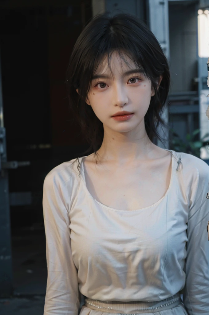 1 girl,Model,Upper Body,short hair,A faint smile,serene, calm,Moles under the eyes,Exquisite eyes, Delicate face,Lipstick,earrings,Hair details, skirt,(Dress conservatively:1.3)(Large Breasts:1.2),outdoor,background,城市background,(Skin details:1.4),(Realistic and detailed eyes:1.2), Natural skin texture, Realistic facial details,Close-up of face,Portrait Photography,(Portrait Photography:1.1), (smooth skin textures:1.3), (Highest quality real skin textures:1.4), Direct vision,Soft dramatic lighting, Vivid details, 35 mm film, (Photo Practical:1.4), (hyper Practical:1.4), (Practical:1.3), (Smoother lighting:1.05), (Improve lighting quality:0.9), (Enhance the beauty of skin texture:1.1), Depth of Field, Bokeh, Surrealism, Ray Tracing, ( Surrealism, High Detail, Chiaroscuro, Ray Tracing, reflected light, Ultra HD, Ultra HD, masterpiece, Textured Skin, Super Detail, High Detail, high quality, best quality