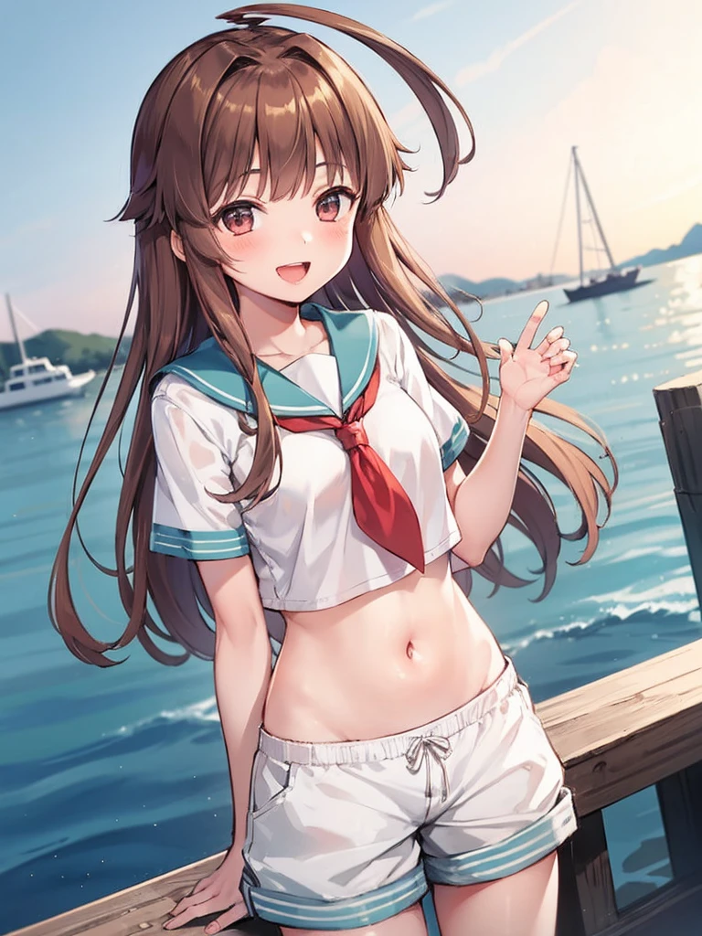 1young_teen_ girl,  brown_hair, long_hair, sailor_uniform,white_ baggy_shorts, short_sleeve, thighs, small_breasts, big_smile, open_mouth, standing, harbor_background, slightly_spread_legs, happiness, covered_crotch,ahoge,XD,exciting,