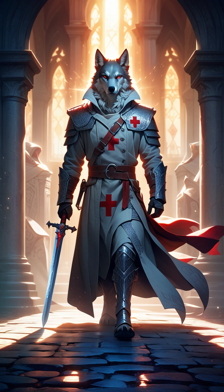 fantasy art style, a templar (white anthro wolf), (alone) dressed in chain mail and trench coat armor with a red cross drawn on it, posing with his sword resting on the ground, a divine light coming from the sky, intricate design, dynamic light , high details