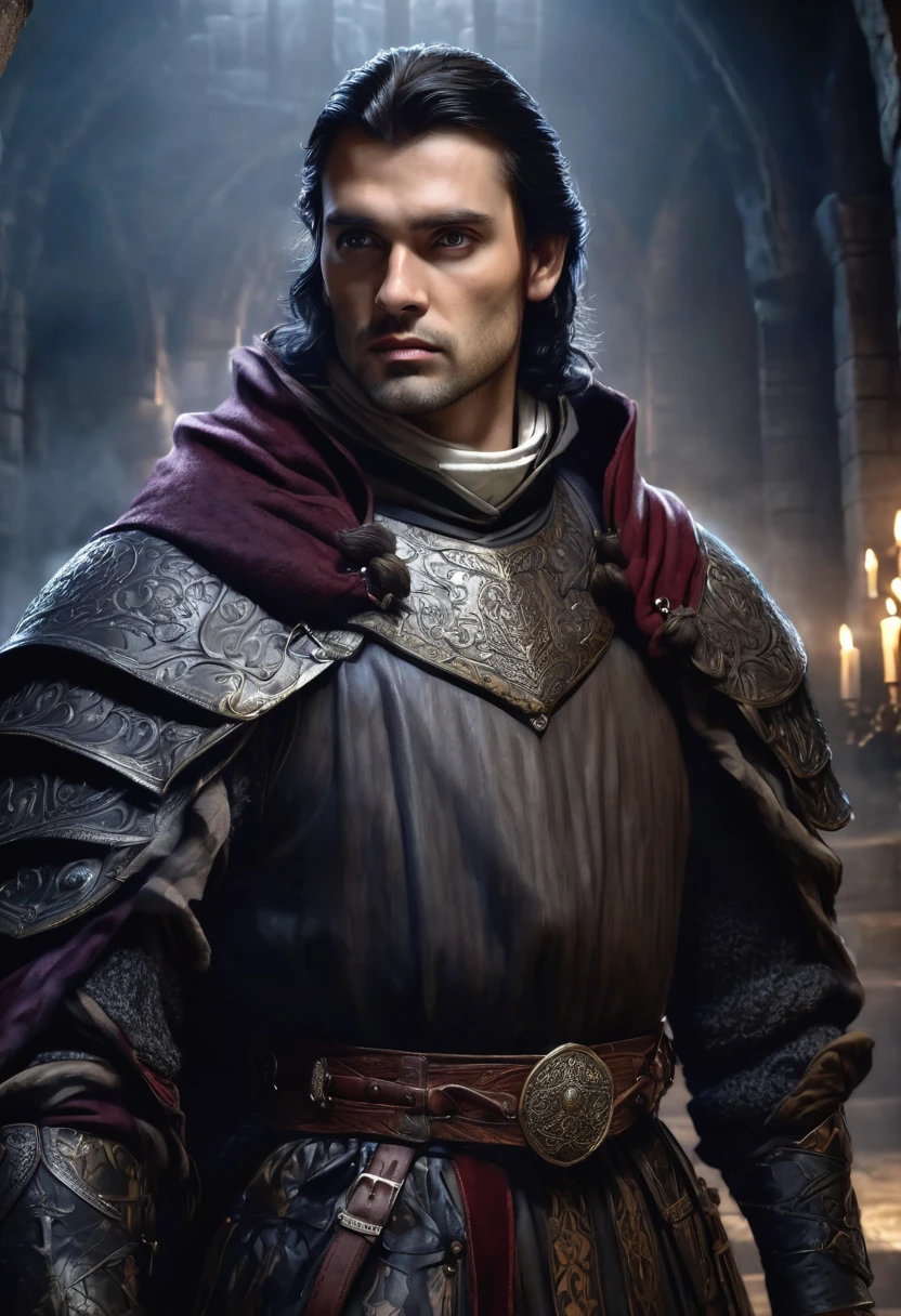 1 man, inside a dark medieval castle, wearing king's clothing in dark, medieval colors, detailed facial features, masculine eyes, detailed light skin, medium-sized dark hair, strong and serious expression, dramatic lighting, cinematic composition, cold and dark, atmospheric fog, handsome face, thin chin, handsome man, masculine (best quality, 4K, 8K, high resolution, art: 1.2), ultra-detailed, (realistic, photorealistic, photorealistic: 1.37)