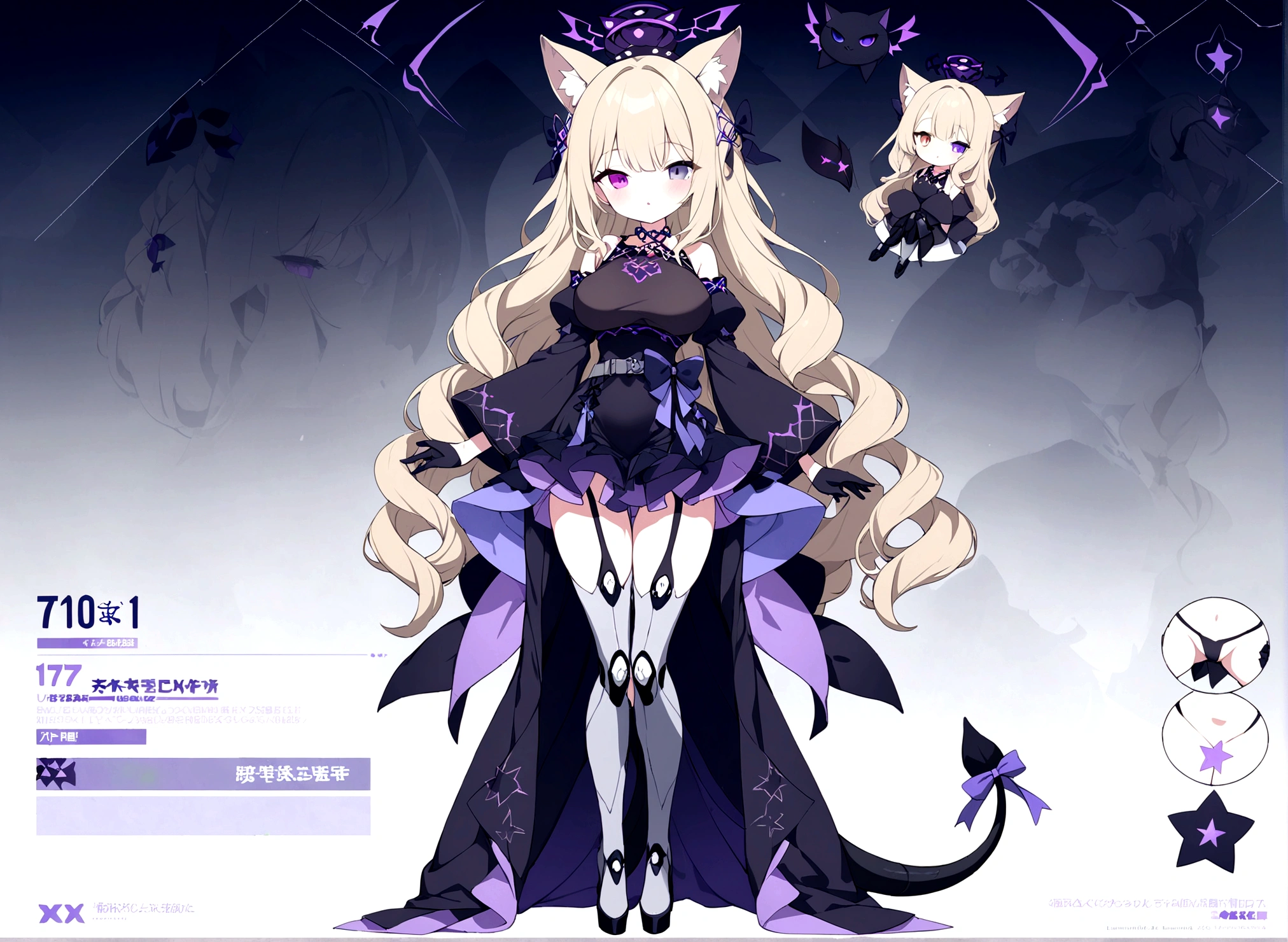 woman 170 cm tall. (character design sheet: front view). Dark blonde long hair, slim build. wavy hair with hip length curls, has a short central tuft, She has a short braid on the left side over her chest with a purple bow, She has a short braid on the right side over her chest with a purple bow. Two black and purple serval ears located on the top of the head... small face. (heterochromia: one gray eye and one purple eye), has small ribbons on the right and left side of the hair. extremely detailed face, Beautiful detailed eyes, beautiful detailed lips. adorable, extremely detailed legs, (Best Quality, 4k, 8k, high resolution), ultra detailed, Exquisite and epic character art... Black platform heels, Elegant one-piece long dress with ruffle skirt and wide sleeves. Ribbon decorations and star patterns on clothing. black gloves. gray belt at the waist with a large ribbon with a luminous pink heart in the middle. black necklace with heart emblem on the neck. It has a succubus tail with a small luminous violet star at the tip of the tail...... (wide hip). Luminous black halo with purple star patterns above his head..... (medium chest size). Mechanical legs up to the thigh in black.